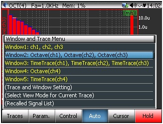 The F1 (Traces) menu shows all the currently defined display windows