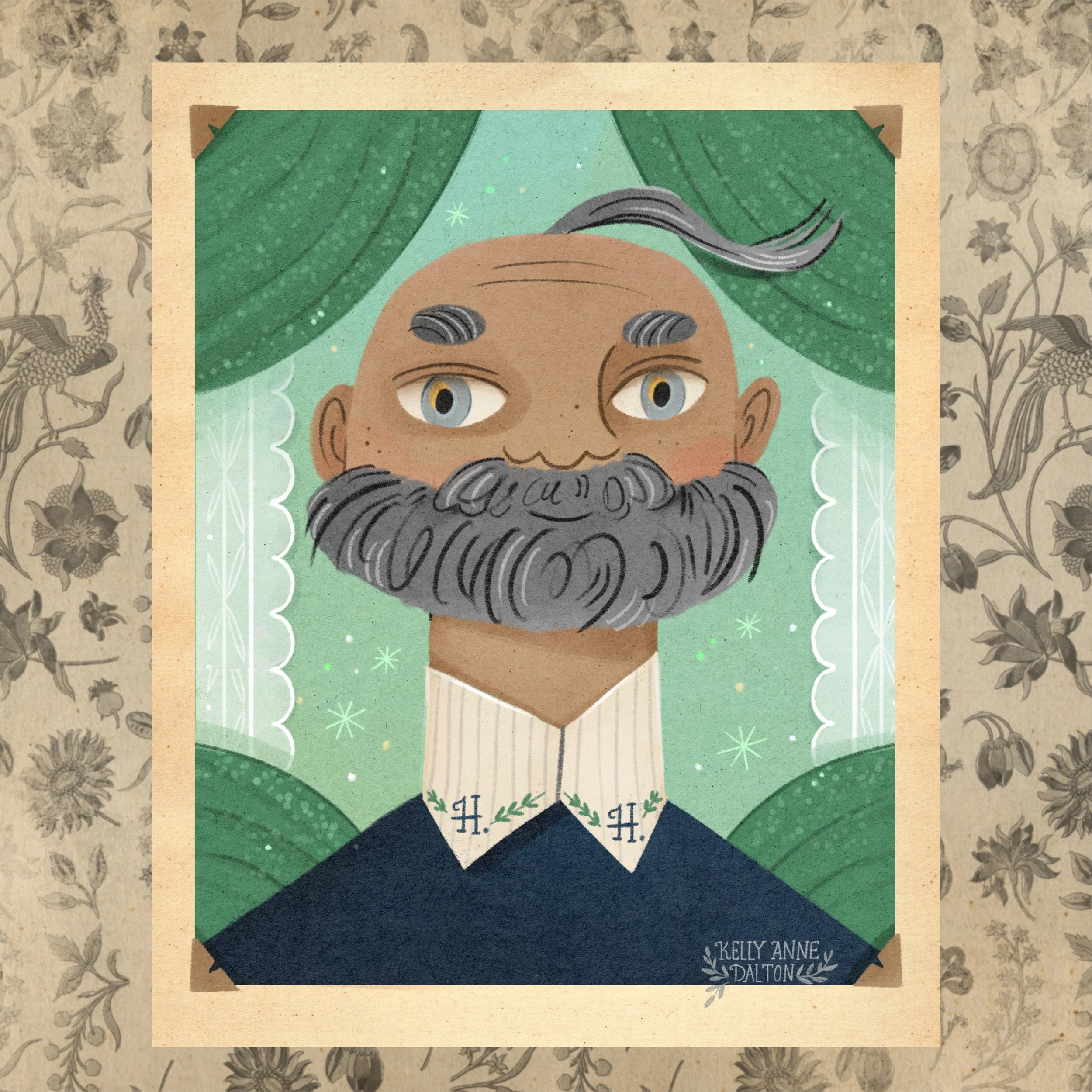 A whimsical character portrait of Henri Henri, the bearded architect and alchemist of the town of Magical, illustrated by Kelly Anne Dalton.