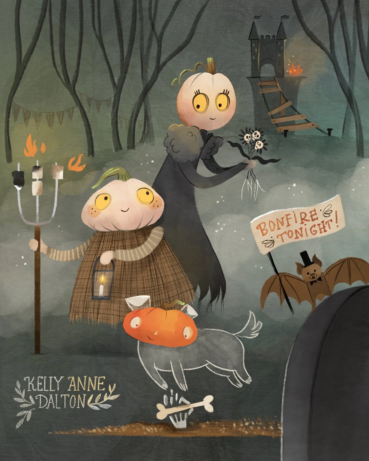 Halloween Illustration by Kelly Anne Dalton: Pumpkin Head Family on their way to and from a Halloween Bonfire. Jack O'Lantern dog is being given a bone by a skeleton. Creepy cute bat wearing a top hat