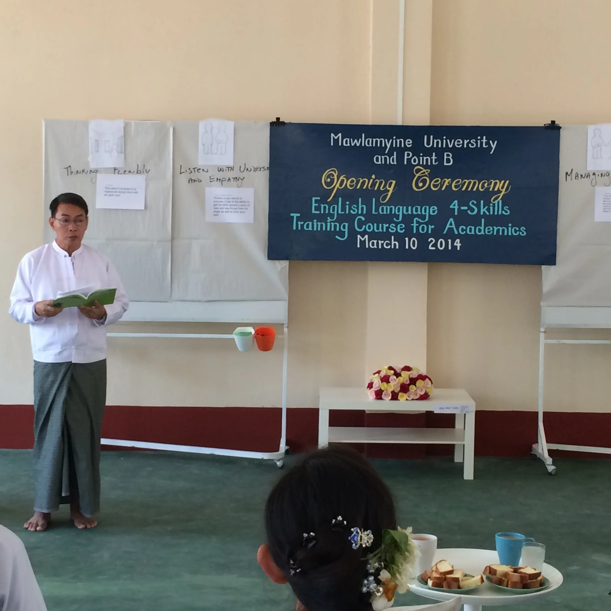 Rector of Mawalmyine University, Dr. Htay Aung, delivers the Opening Ceremony Speech at pointB's new Design-Thinking Center of Community Engagement