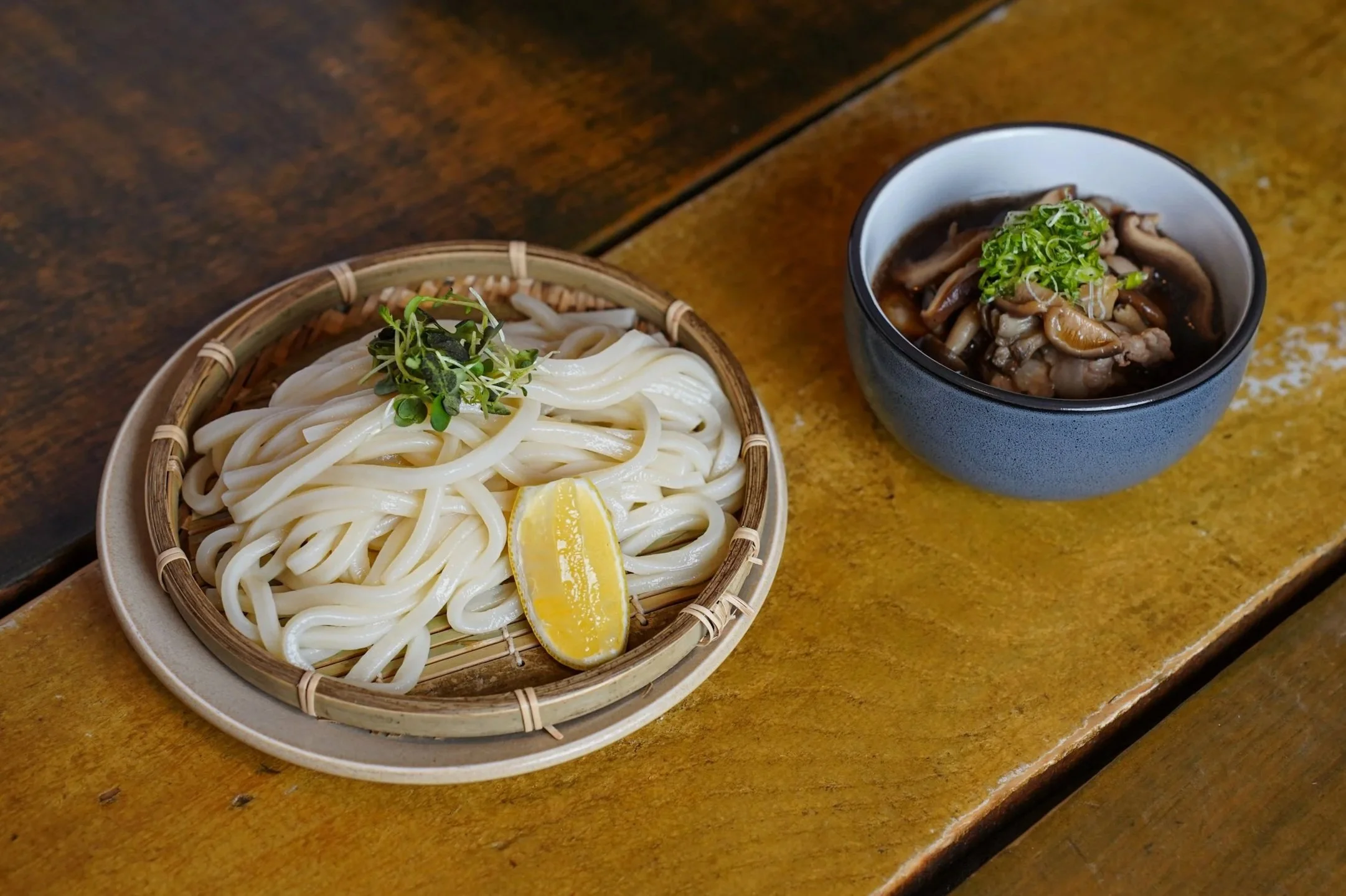 Cold Udon Tsukemen with Mushroom &amp; Pork $15