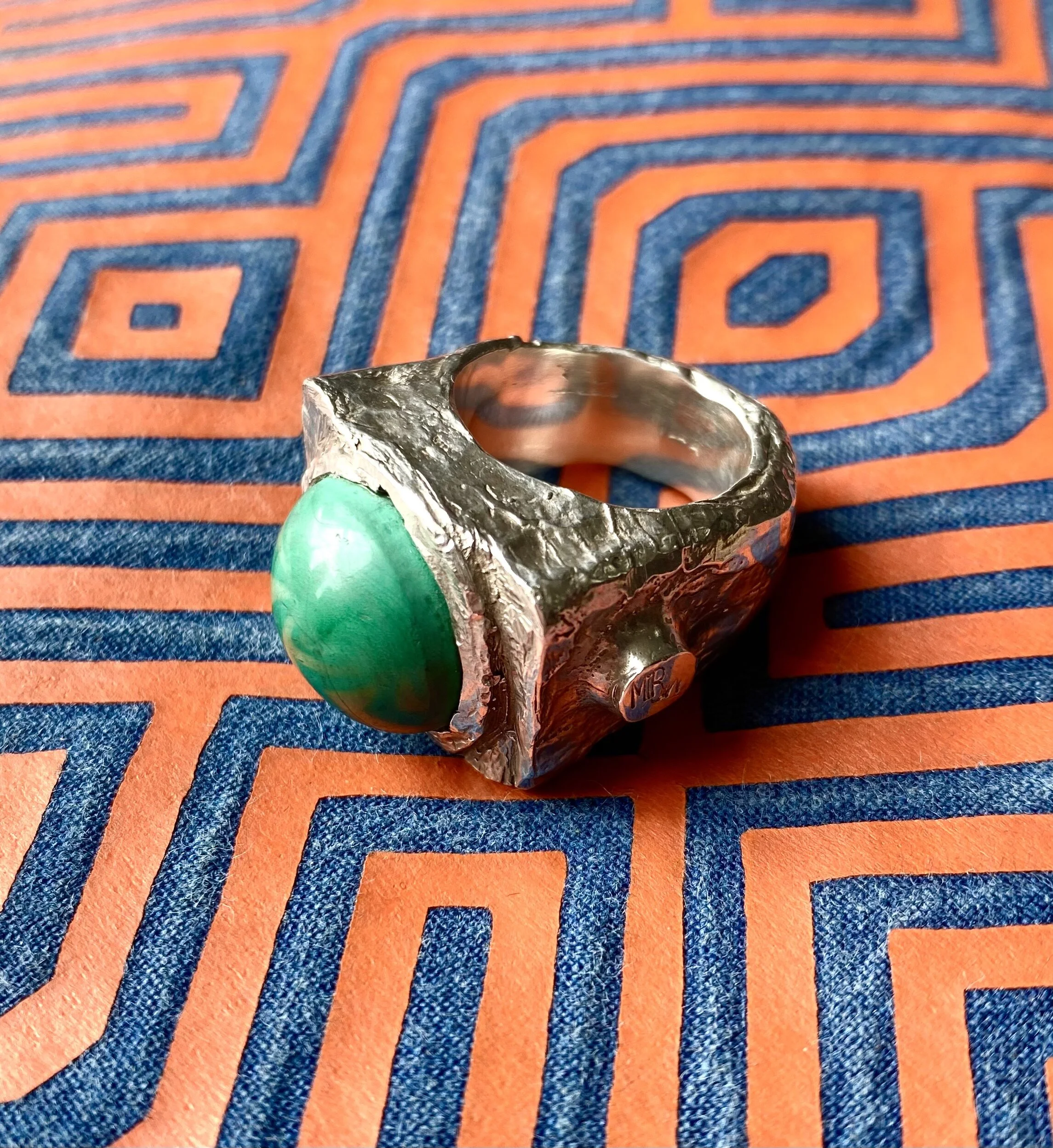 Brutalist modernist ring sterling silver with malachite cabochon, by MIR or MIRO