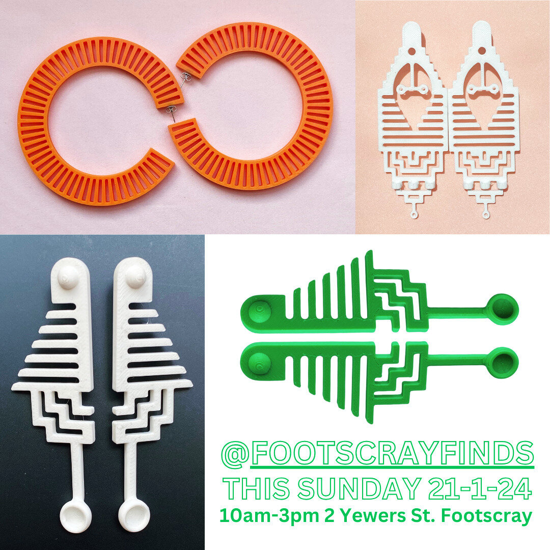 Find our Prototype earrings @footscrayfinds this Sunday
@theline , 2 Yewers St. Footscray

#melbournedesign
#melbournejewellery
#statementaccessories
#handmadejewelry 
#3dprintedjewellery
#contemporaryjewellery
#boldearings 
#geometricjewelry 
#geome