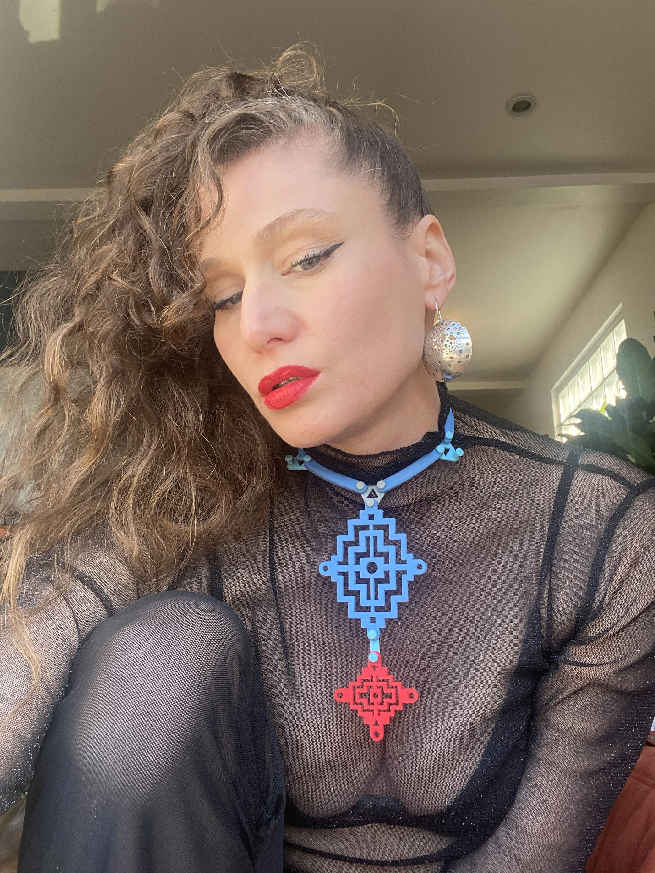 Convertible harness style statement necklace neck piece  simple drop choker style on model.JPG