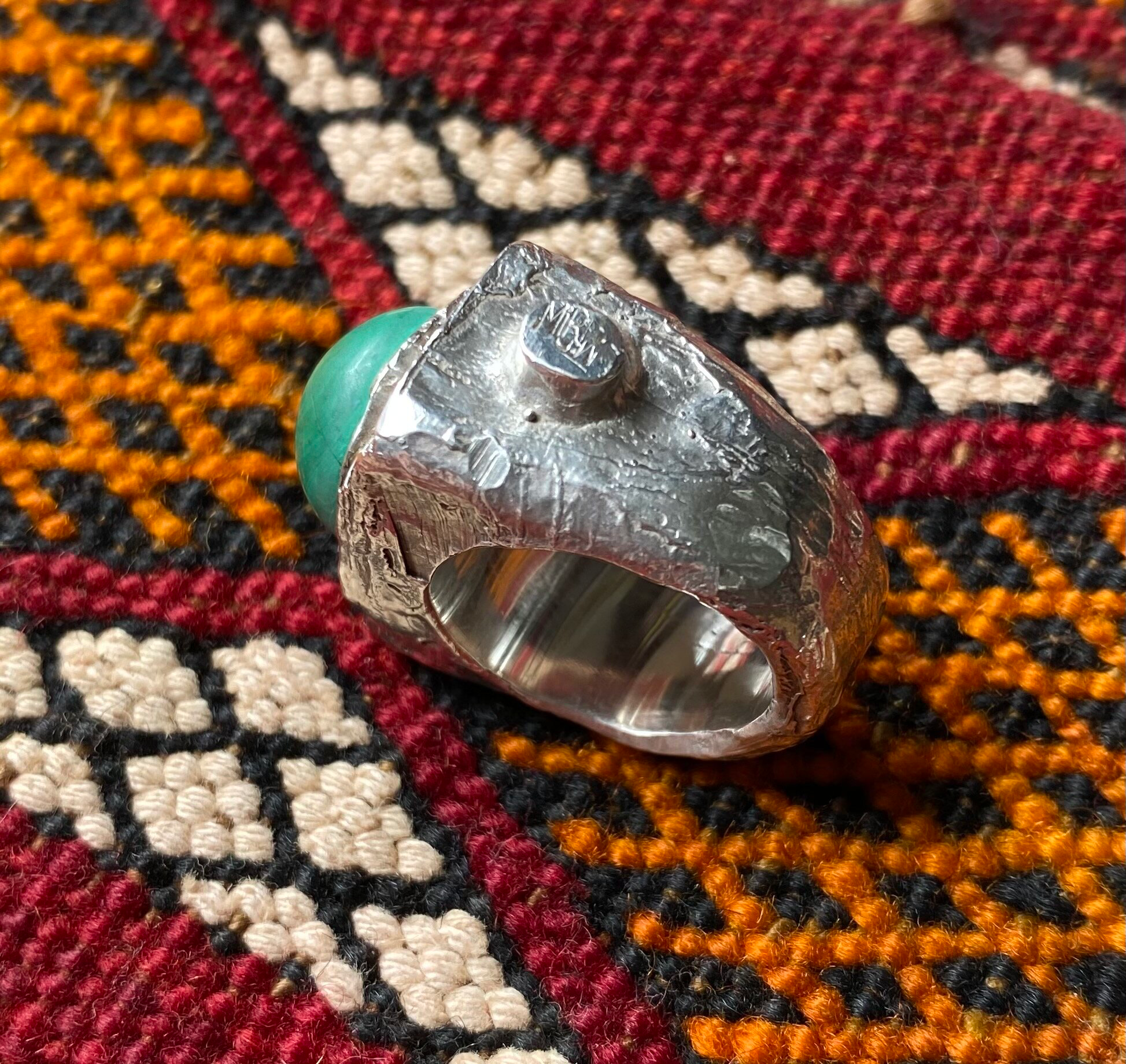 Brutalist modernist ring sterling silver with malachite cabochon, by MIR or MIRO