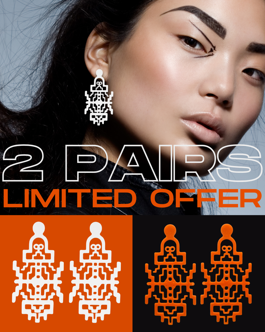 8bit Aztec 3D printed Drop Earrings Matte Orange + Arctic Matte White Limited Winter Offer