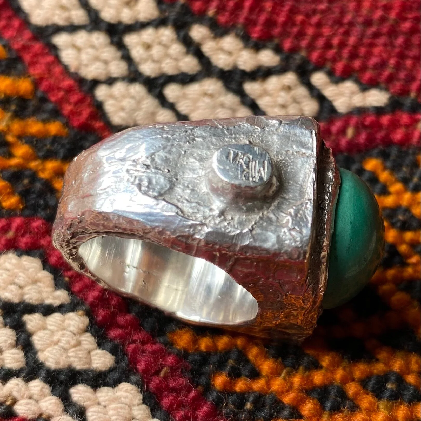 Brutalist modernist ring sterling silver with malachite cabochon, by MIR or MIRO