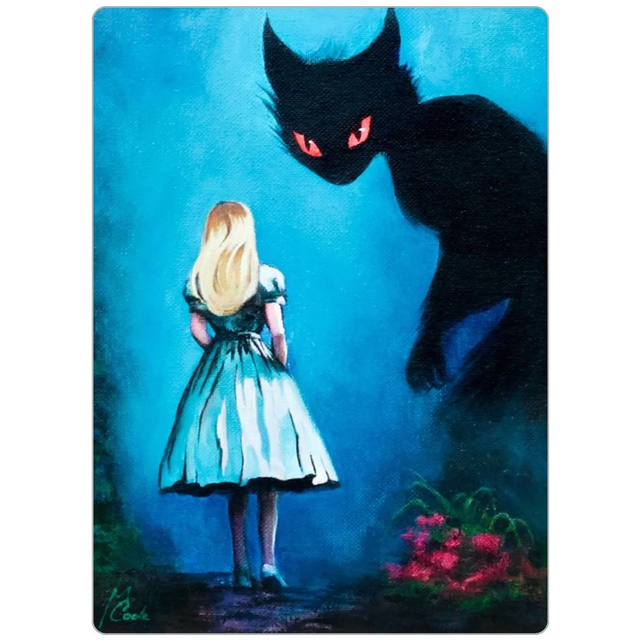 Umbra Noctis art magnet showing a girl with a large shadowy cat-like creature in a mysterious nighttime forest