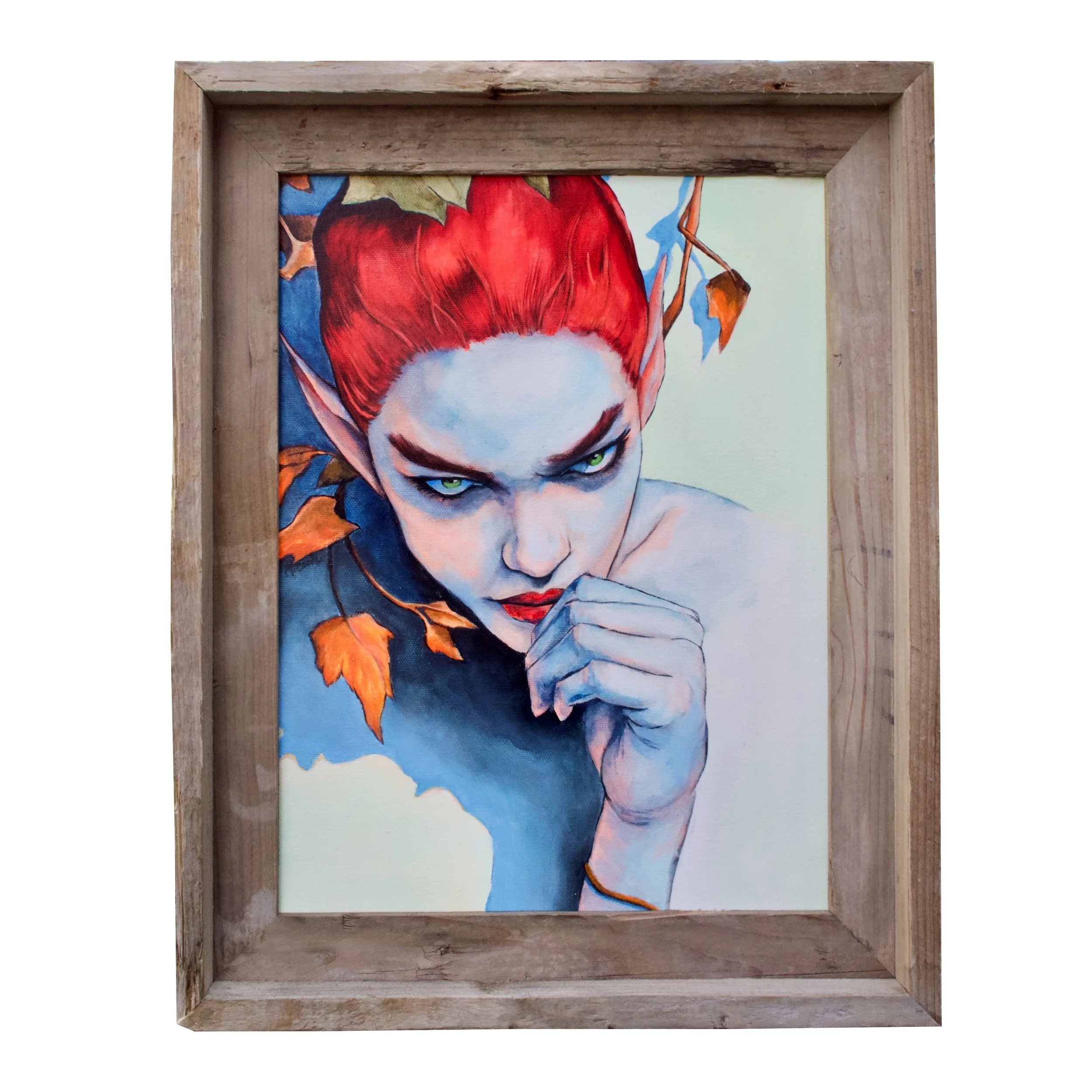 Framed acrylic painting of a red-haired, green-eyed woman with pointed ears and autumn leaves in her hair, seated against a forest-green background.