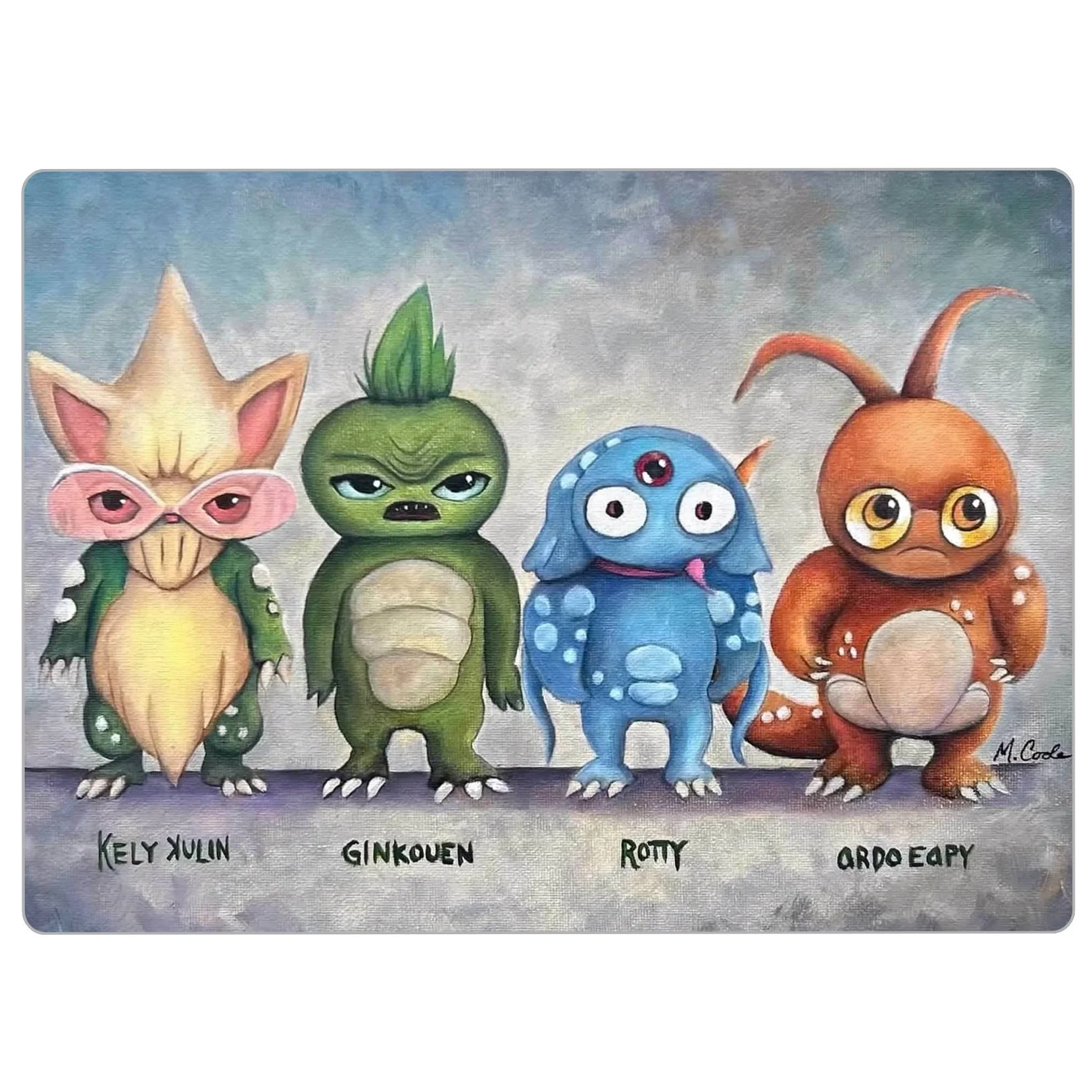 4x5.5 inch magnet of “The Lineup,” showing four colorful fantasy creatures in a police-style lineup, each with a unique and mischievous expression.
