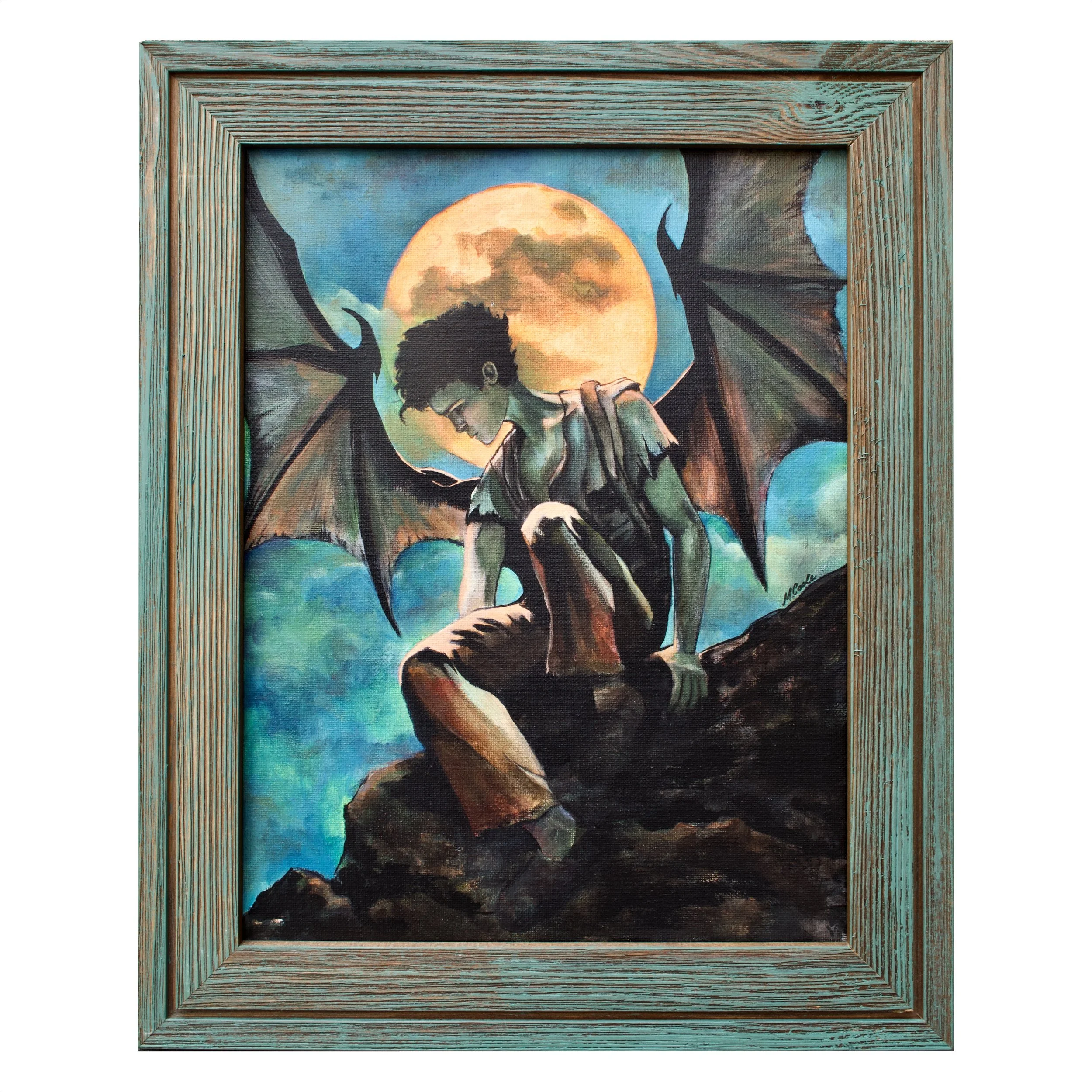 Framed 11x14 acrylic painting of a winged boy crouched on a cliff under a glowing full moon, surrounded by a cool night sky.