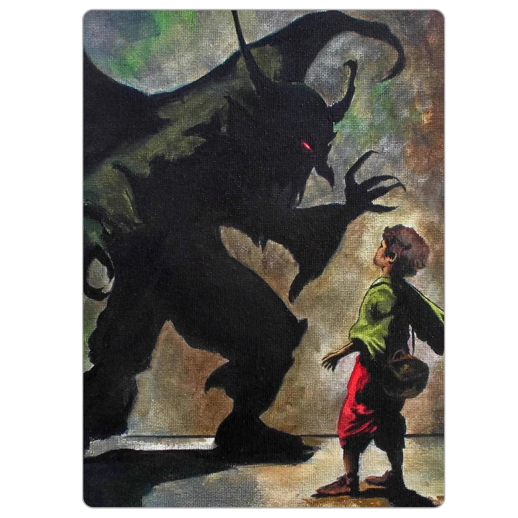4x5.5 inch magnet of “The Toll,” showing a child stopped by a looming, cloaked figure in a misty outdoor setting, evoking a classic fantasy book cover.