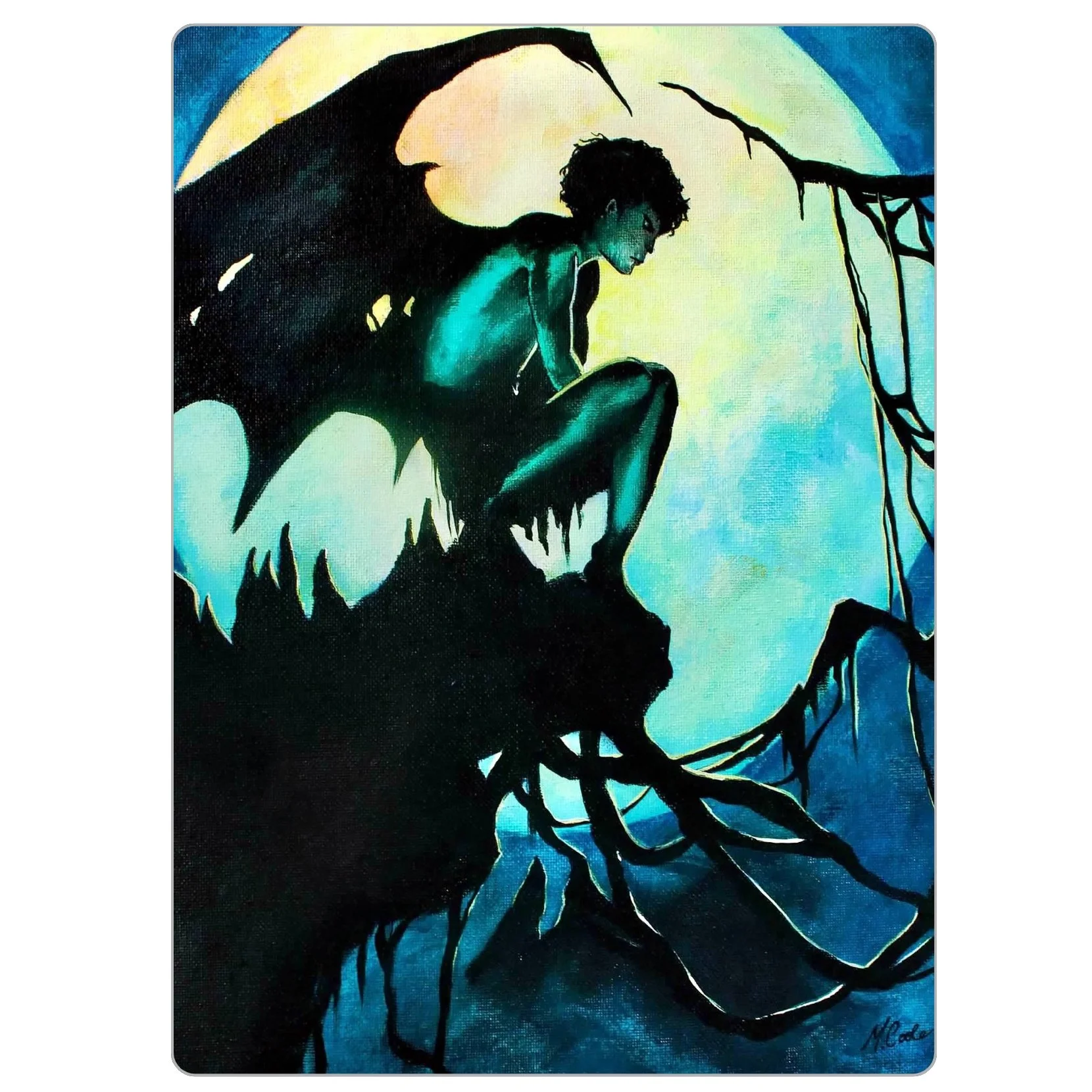 4x5.5 inch magnet of “Edge of Obscurity,” showing a figure facing a looming dark form in a moody, forest-like setting, with a vintage book cover feel.