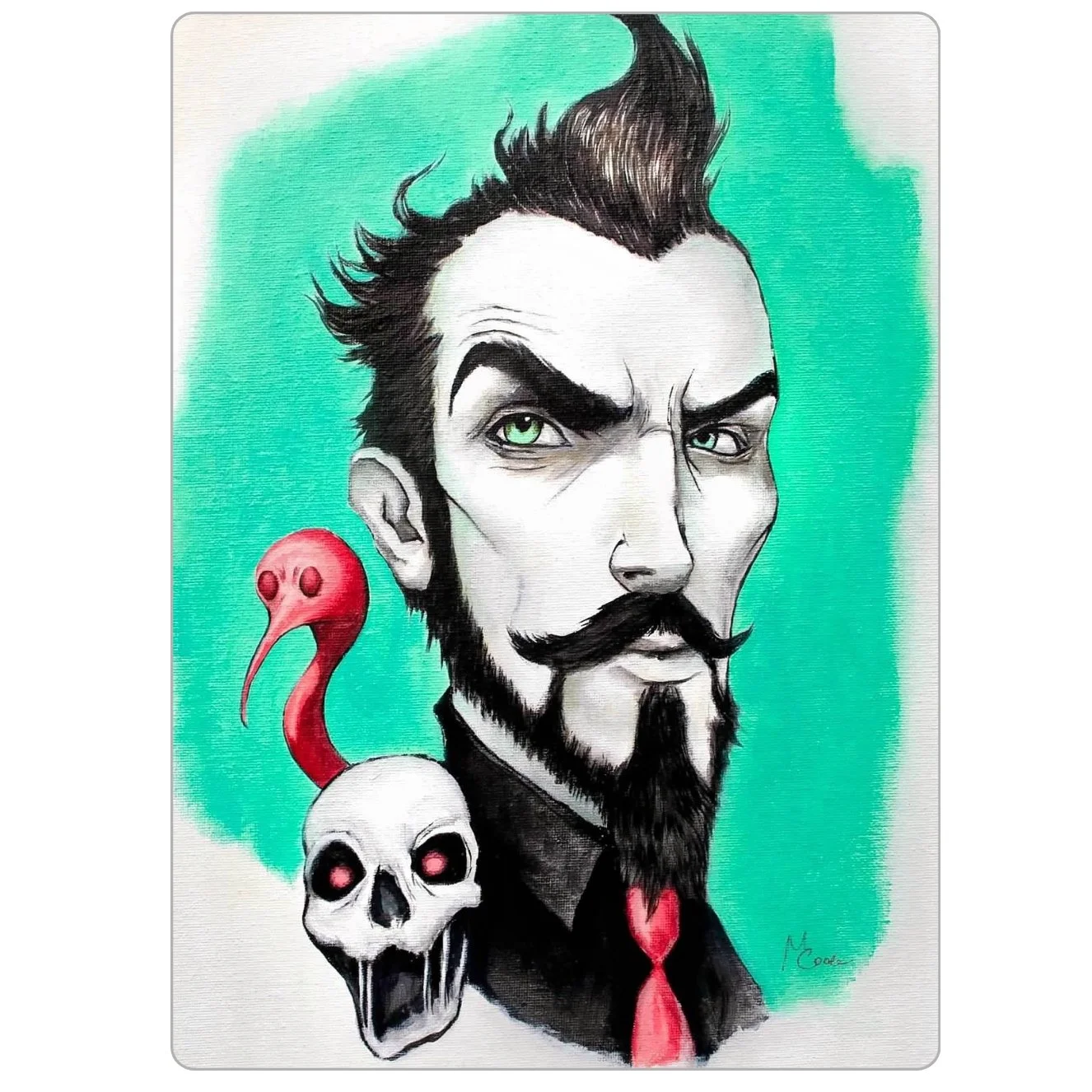 Painting of a pale man with dark hair, pointed beard, and red tie, with a skull and stylized flamingo shape at his shoulder, on a green background; printed on a rectangular magnet with rounded corners
