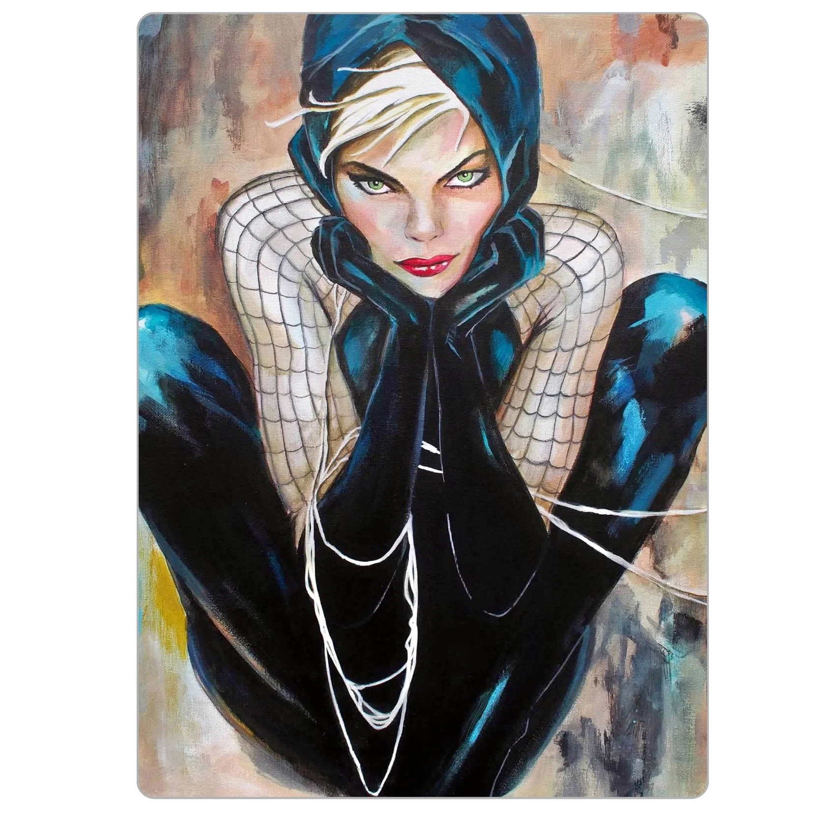 4x5.5 inch magnet of “Tangle,” showing a masked female figure wrapped in swirling lines, evoking a quiet, web-like tension and dual identity.