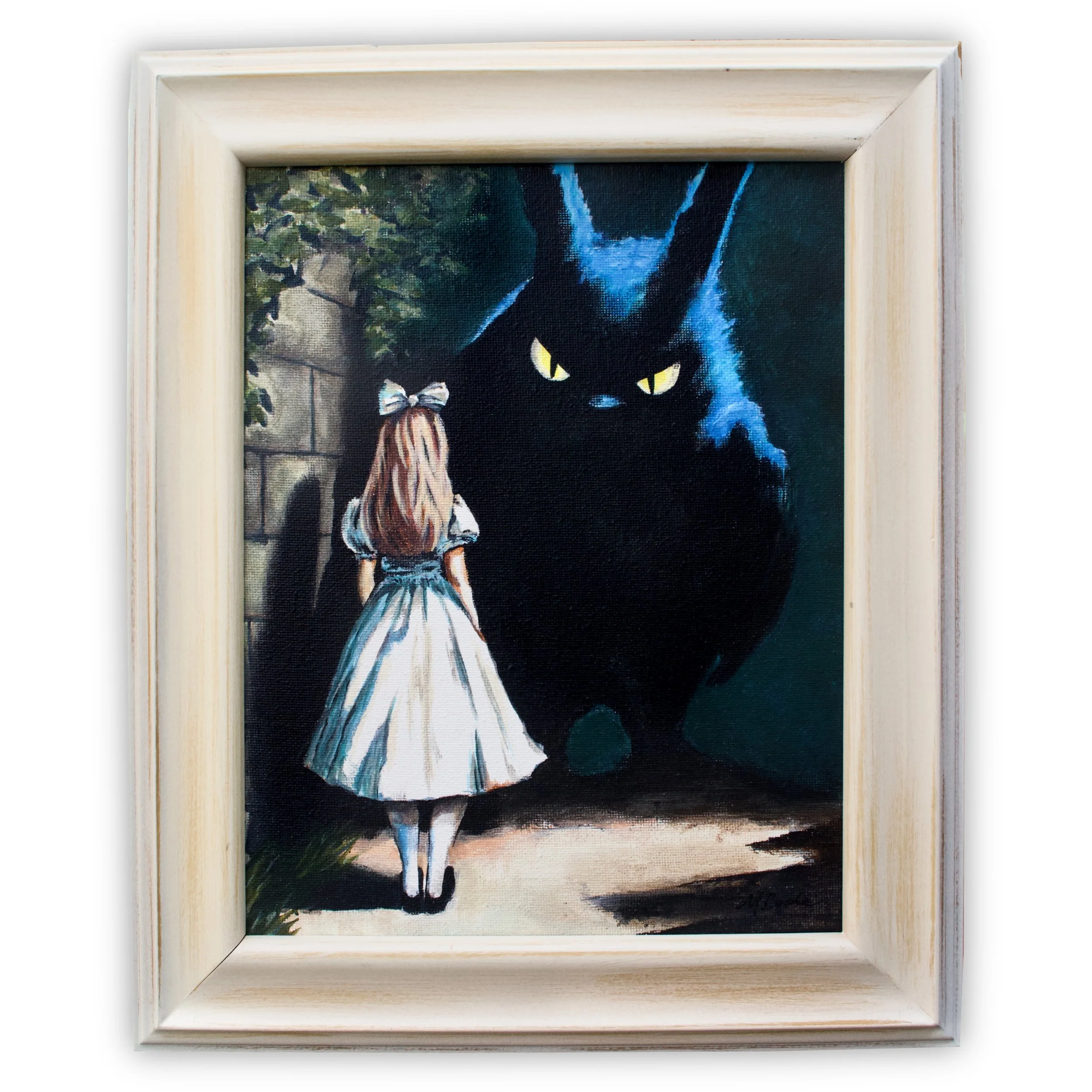 Acrylic painting of a girl in a white dress facing a large, shadowy rabbit creature with glowing yellow eyes; framed in cream wood.