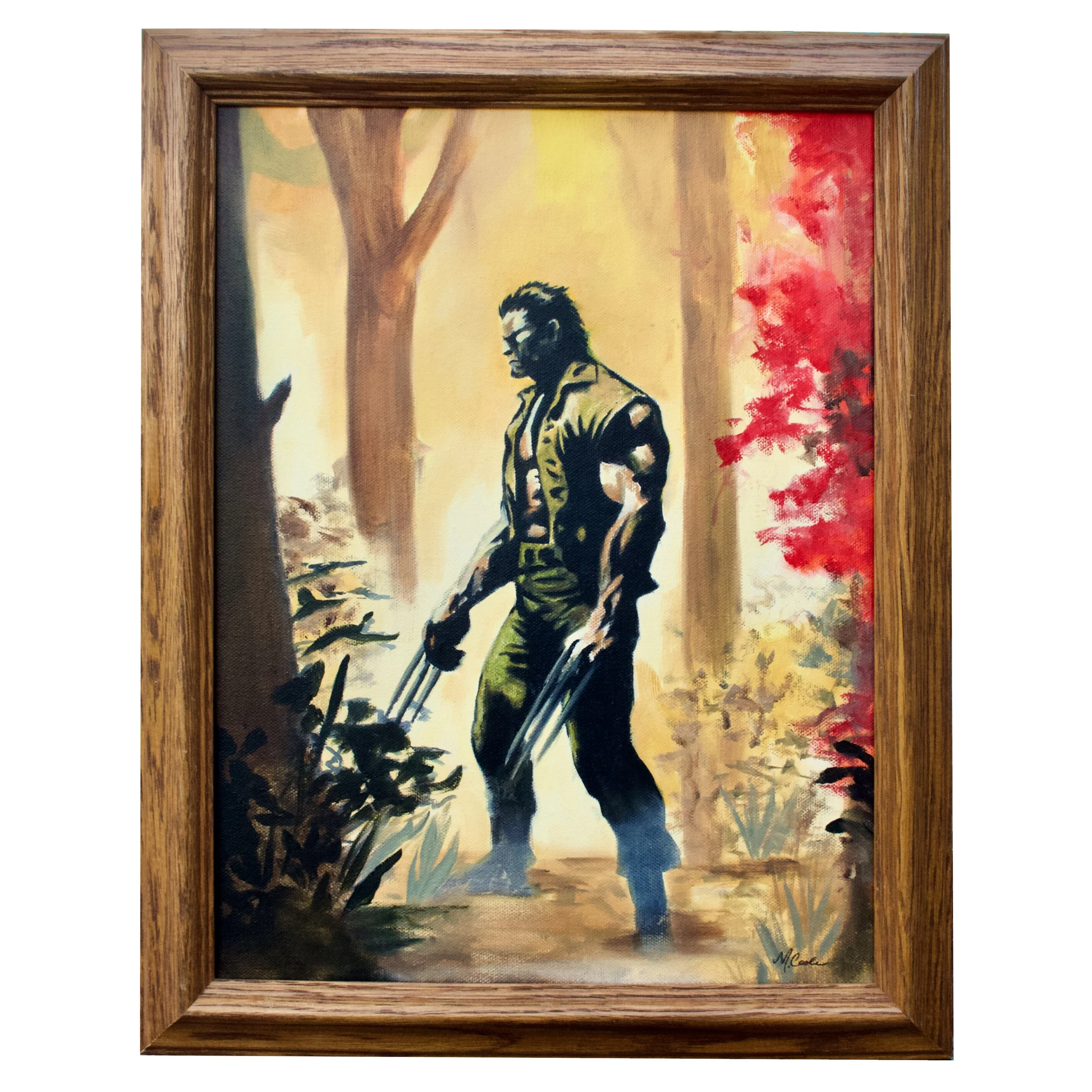 Painting of Wolverine walking through a golden forest, with claws extended and shadows cast behind him. Acrylic and oil on canvas in a warm wood frame.