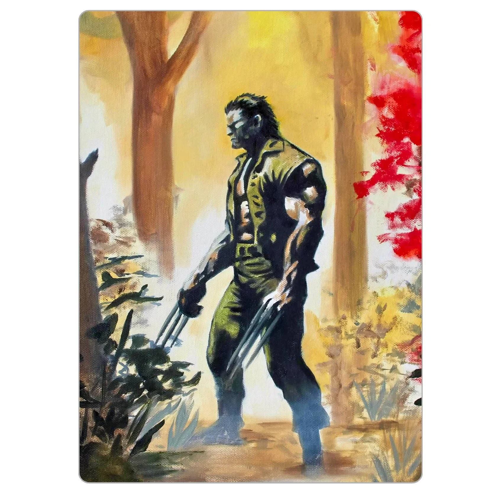 4x5.5 inch magnet of “Wolverine,” showing a muscular figure with claws extended, walking through a golden forest with a somber, powerful posture.