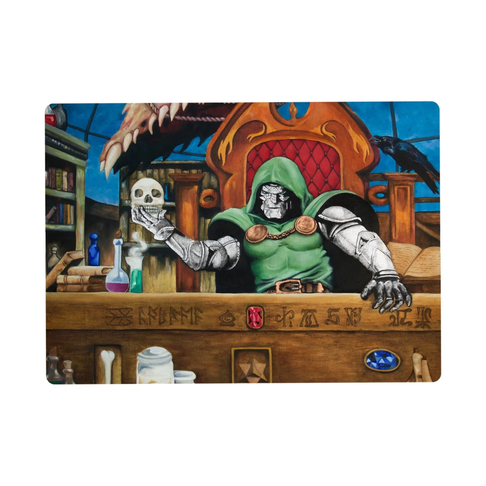 Fan art of Dr. Doom seated at Raistlin Majere’s desk, surrounded by fantasy artifacts, beakers, and a dragon skull above the throne.