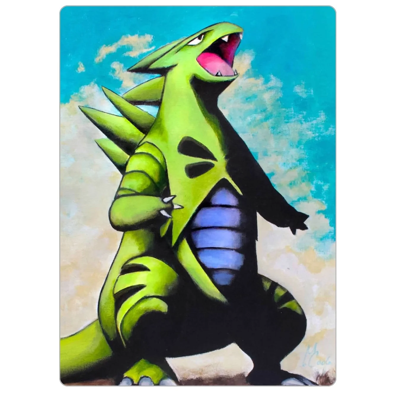 Armored green monster with spikes roaring toward the sky on a fantasy battlefield; printed on a rectangular magnet with rounded corners