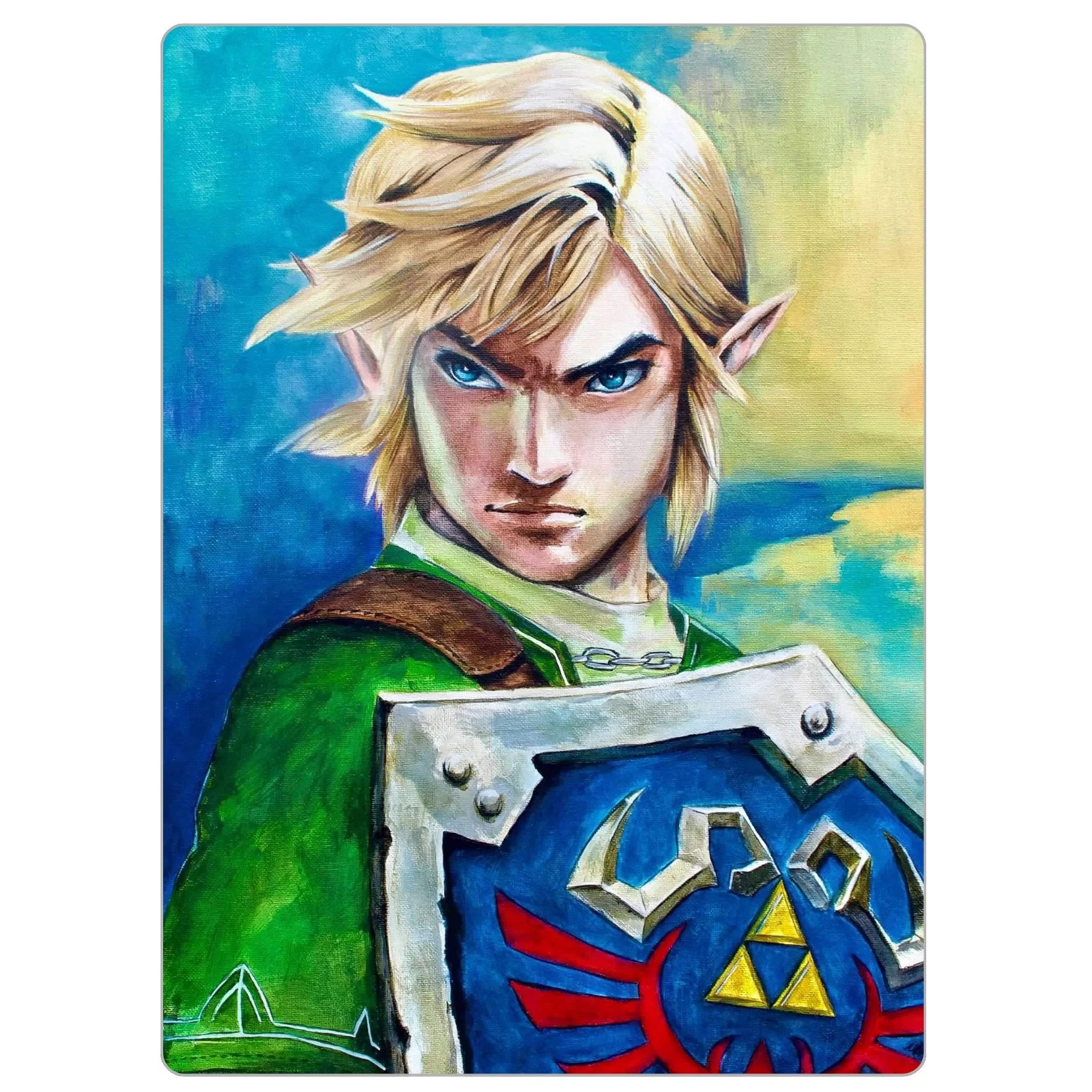 4x5.5 inch magnet of “Link,” showing a blond fantasy warrior with blue eyes, green tunic, and decorated shield, painted in bold, colorful strokes.