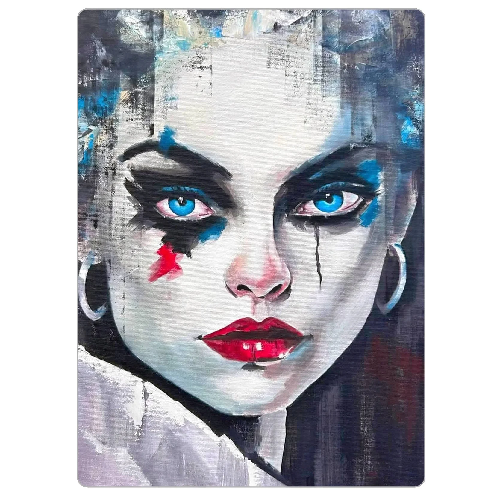 4x5.5 inch magnet of “Painted Madness,” featuring a close-up of a woman with blue eyes, smeared red and black makeup, and a confident, unsettling stare.