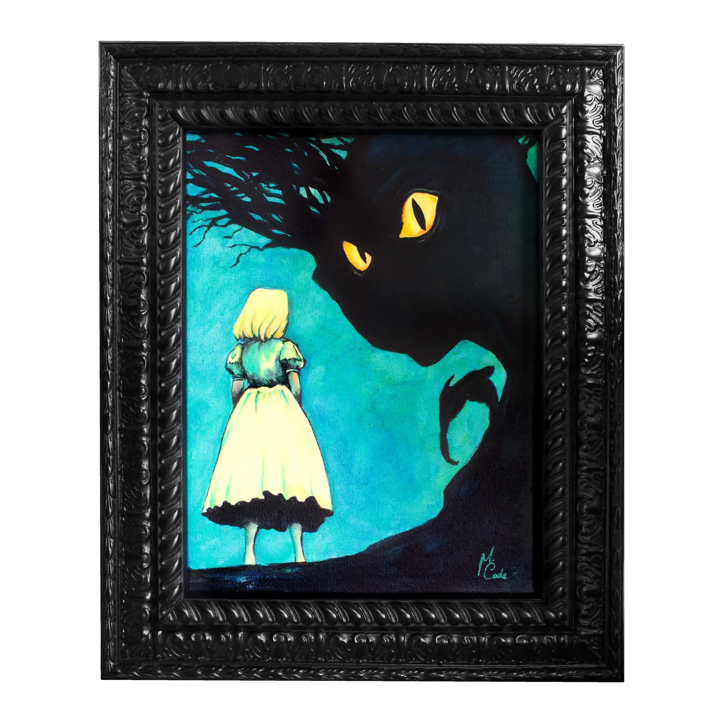 "Into the Woods" – An 8x10 acrylic painting of a girl standing in a shadowy forest, watched by a looming, cat-like creature.