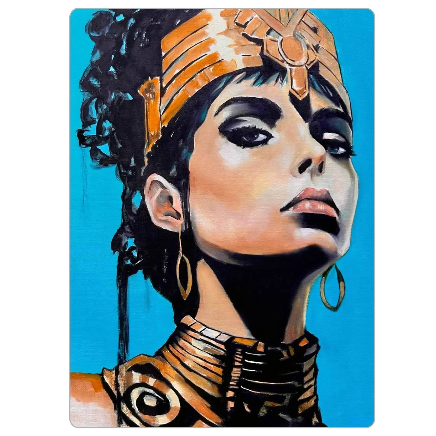 4x5.5 inch magnet of “The Reign,” showing a woman in a golden crown and earrings with a strong upward gaze, painted in rich gold and turquoise tones.