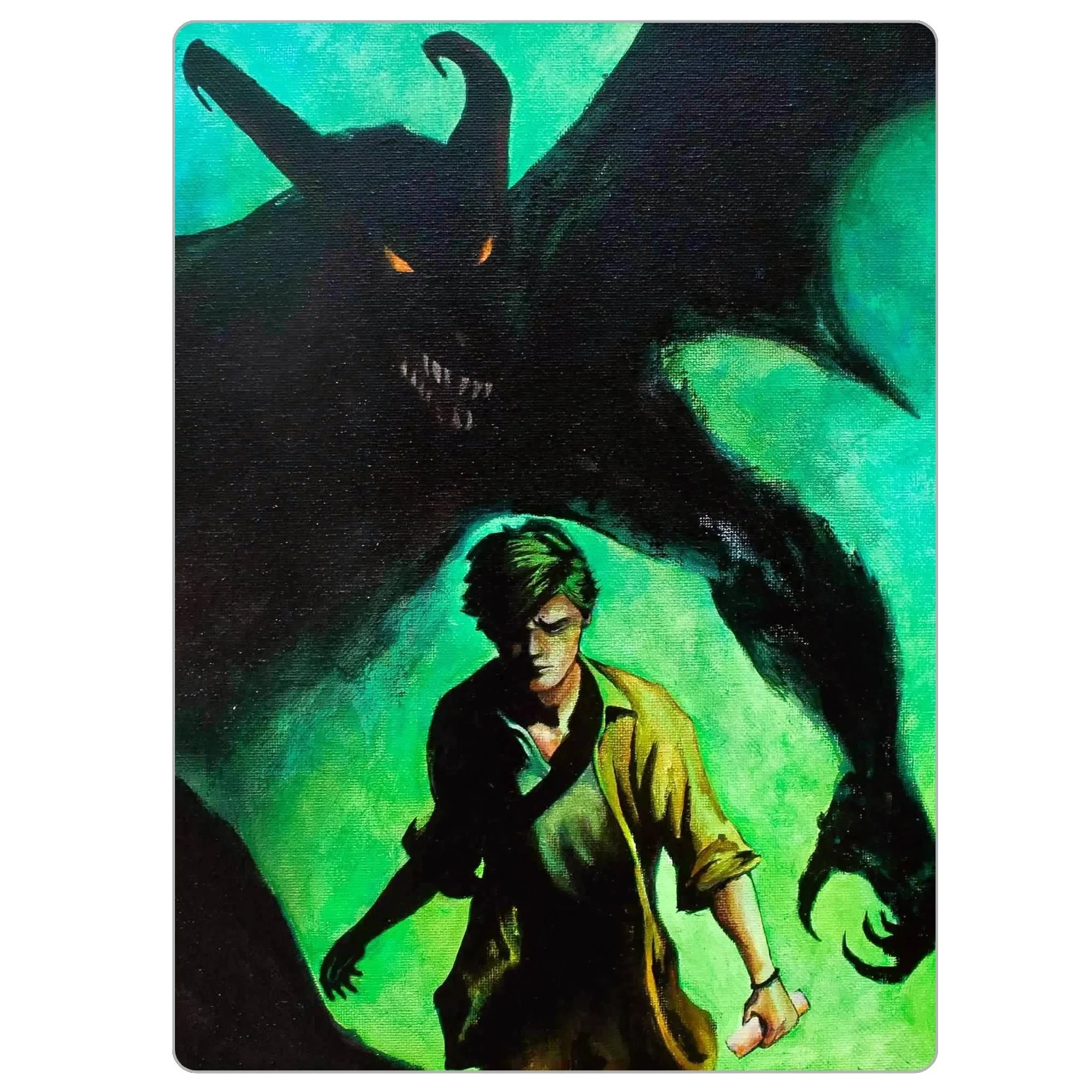 4x5.5 inch magnet of “Nostalgia,” showing a young person holding a flashlight in a dark, moody landscape, evoking a vintage storybook vibe.