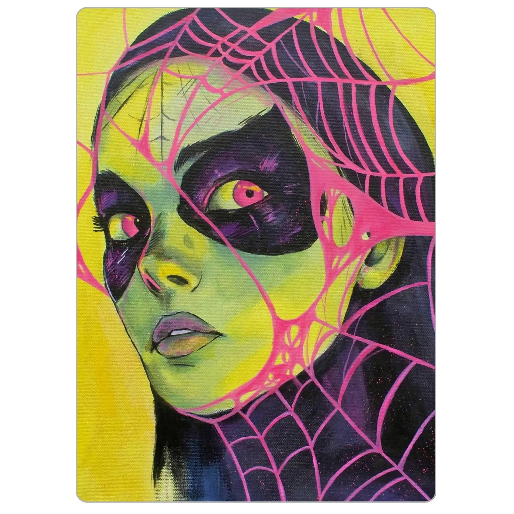 4x5.5 inch magnet of “Ensnared,” depicting a woman wrapped in delicate, web-like lines, with a haunting, vintage atmosphere and a sense of quiet entrapment.