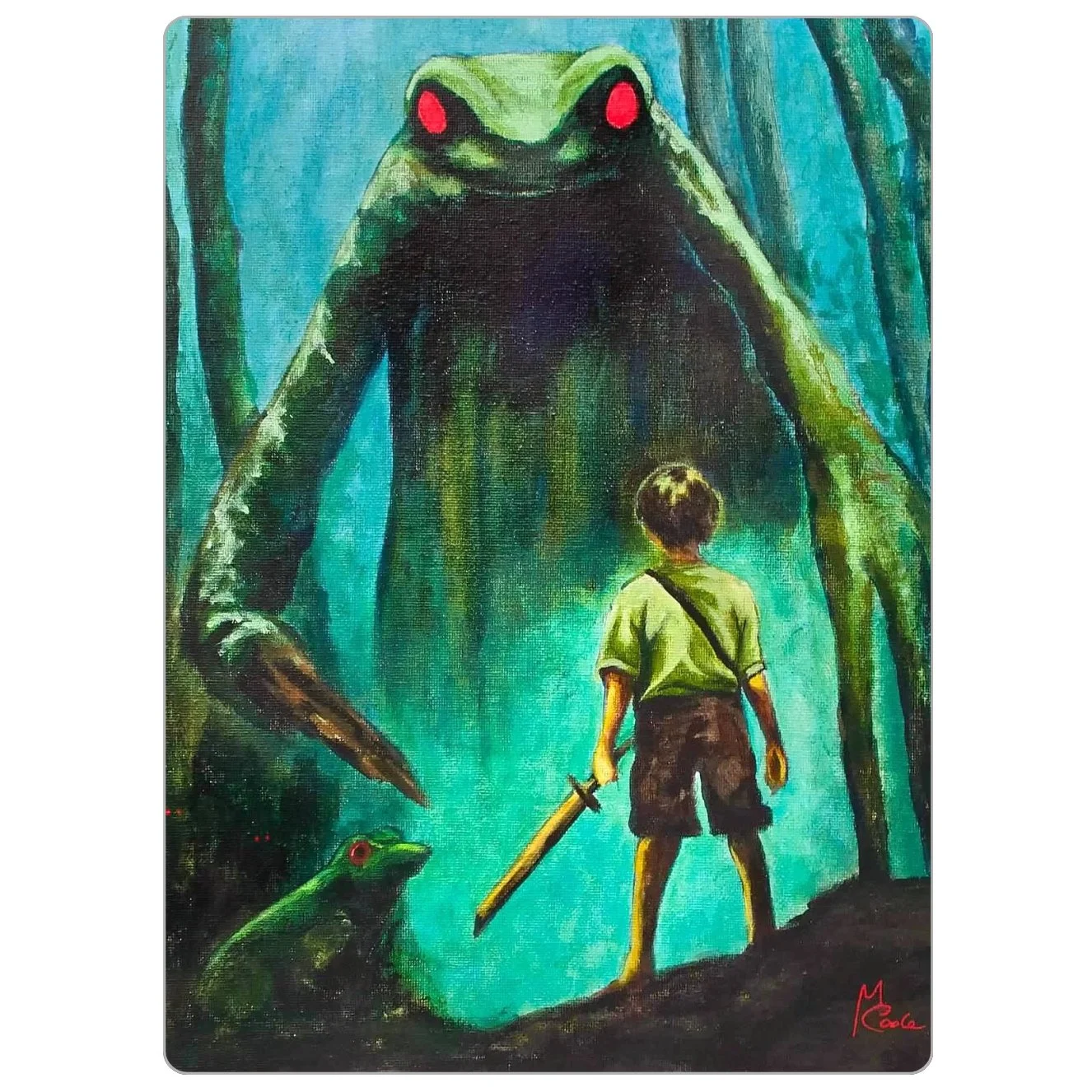 Boy holding a wooden sword stands before a giant frog creature camouflaged as part of the forest, with glowing red eyes; printed on a rectangular magnet with rounded corners