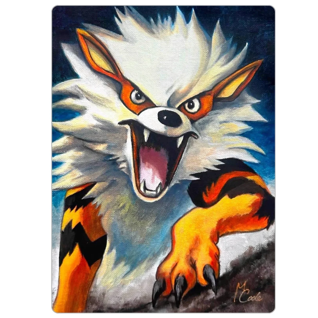 Fiery wolf-like creature roaring and leaping forward with dramatic motion, printed on a rectangular magnet with rounded corners
