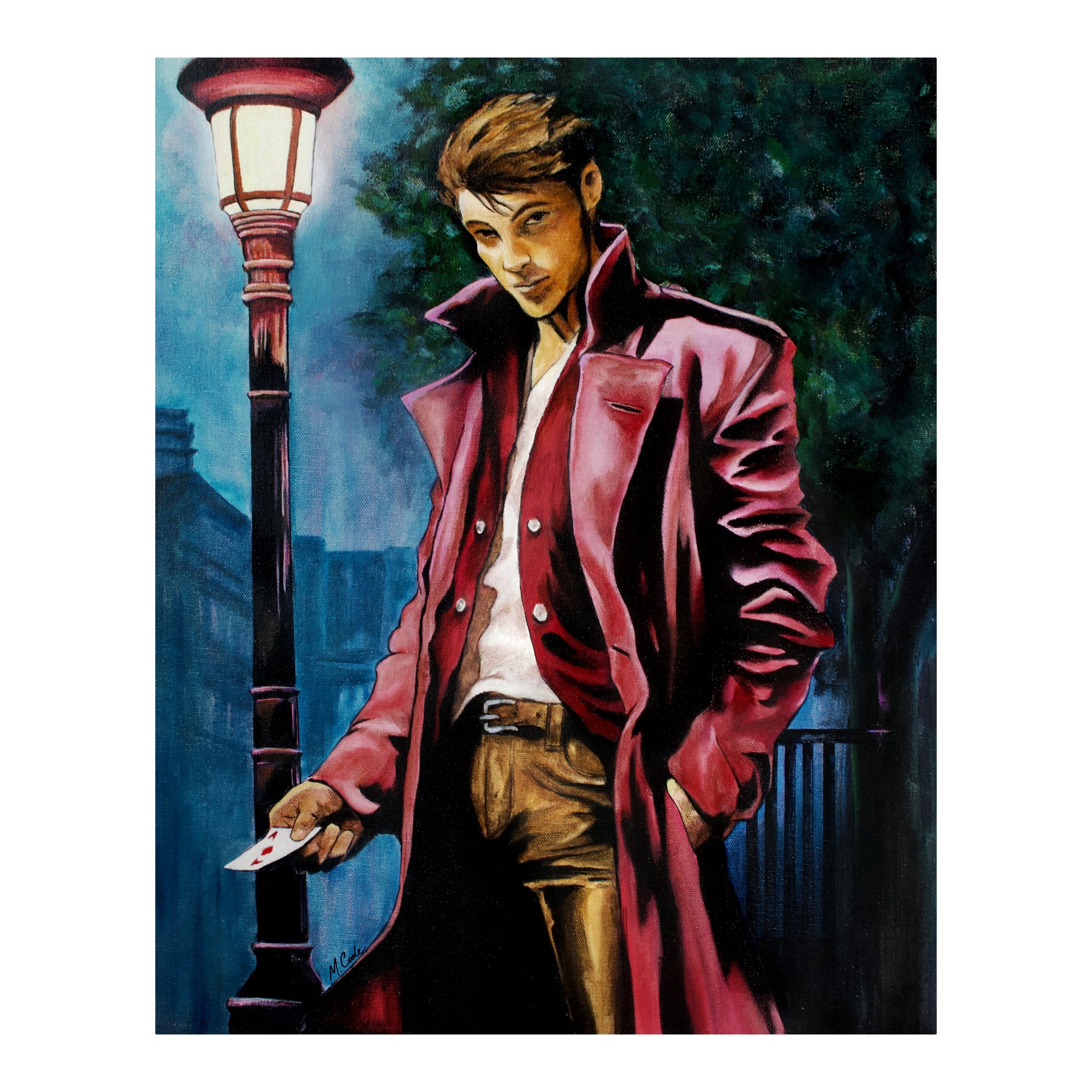 Print of “Gambit,” featuring a man in a long red coat and golden pants under a streetlamp, holding a playing card with a sly expression.