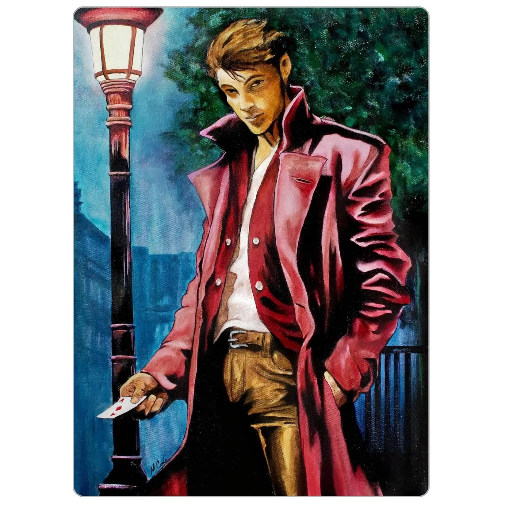 Magnet print of “Gambit,” featuring a man in a long red coat and golden pants under a streetlamp, holding a playing card with a sly expression.