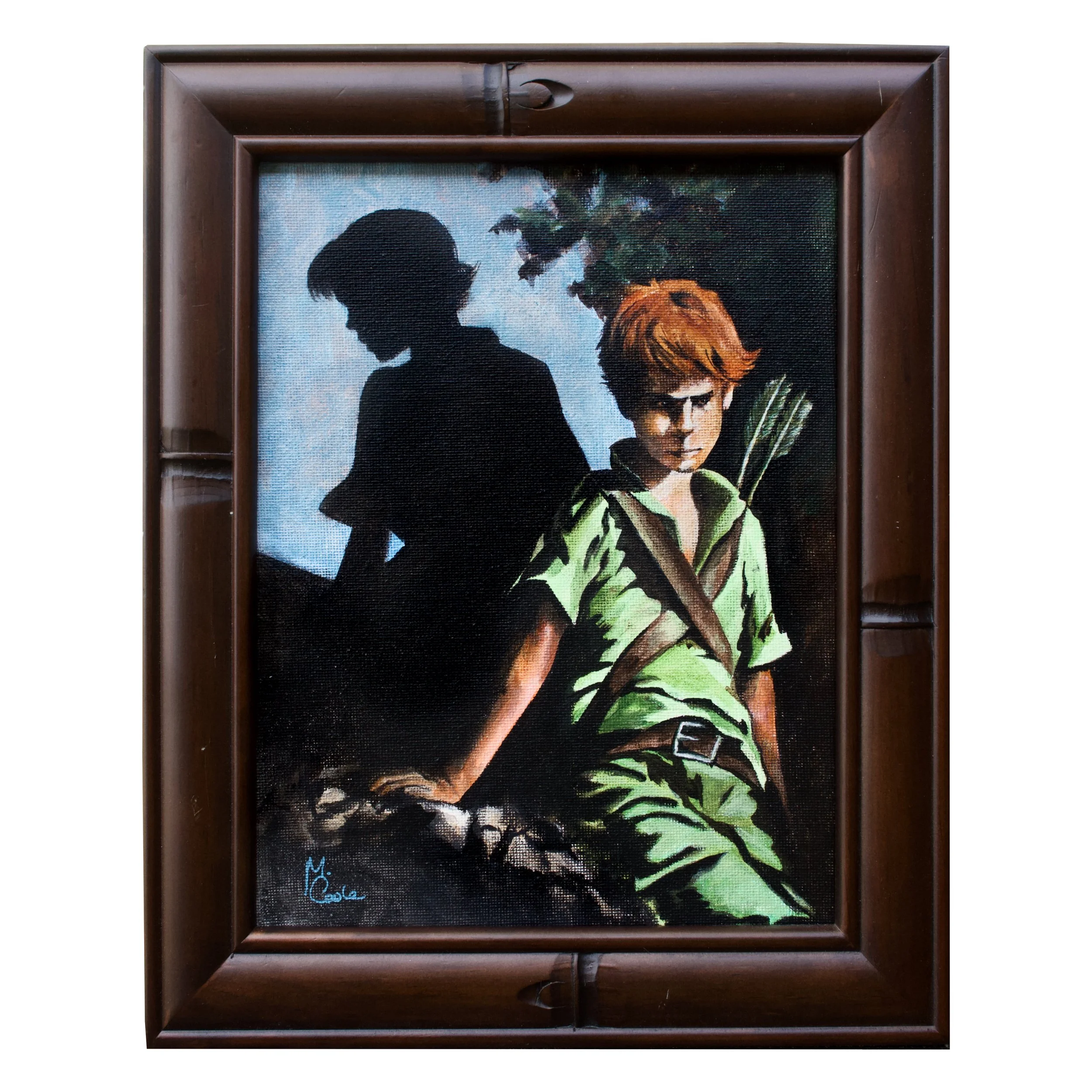 "Shadow" – An 8x10 acrylic painting of a boy with arrows, his inner turmoil reflected in the turning shadow behind him, symbolizing an unresolved conflict.