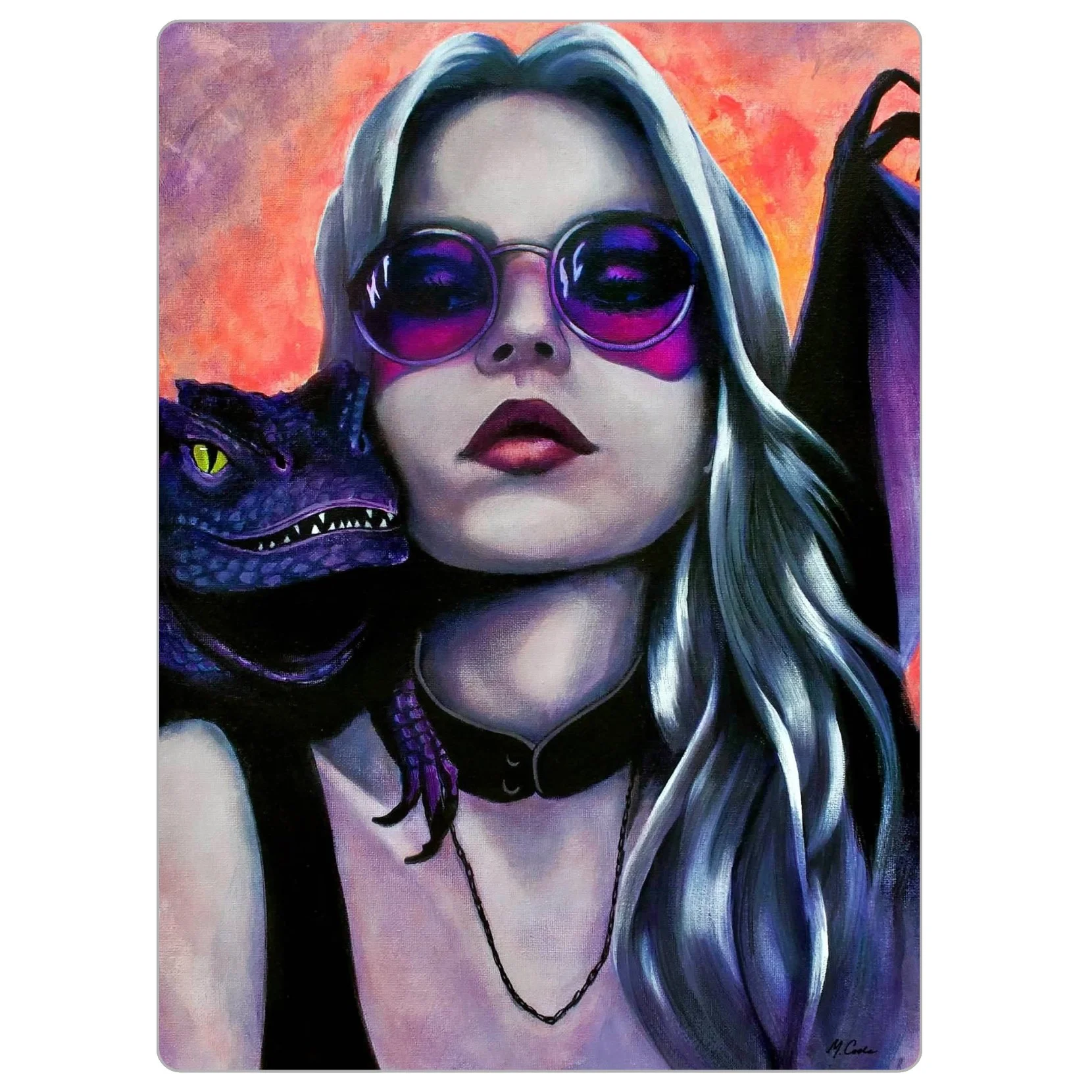 4x5.5 inch magnet of “Mystic Refraction,” showing a woman and her small dragon companion bathed in soft, mystical light, evoking quiet magic and a fantasy bond.