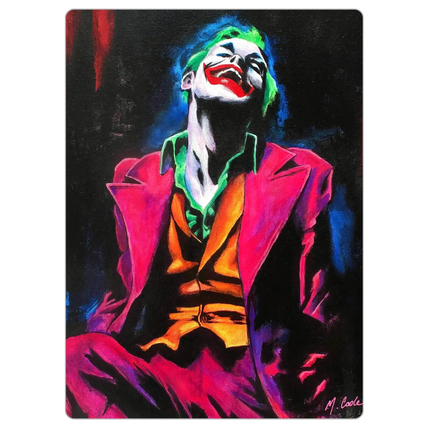 4x5.5 inch magnet of “Guffaw,” showing a neon-painted man leaning back mid-laugh, dressed in a red and yellow suit with green hair, radiating sincere joy.