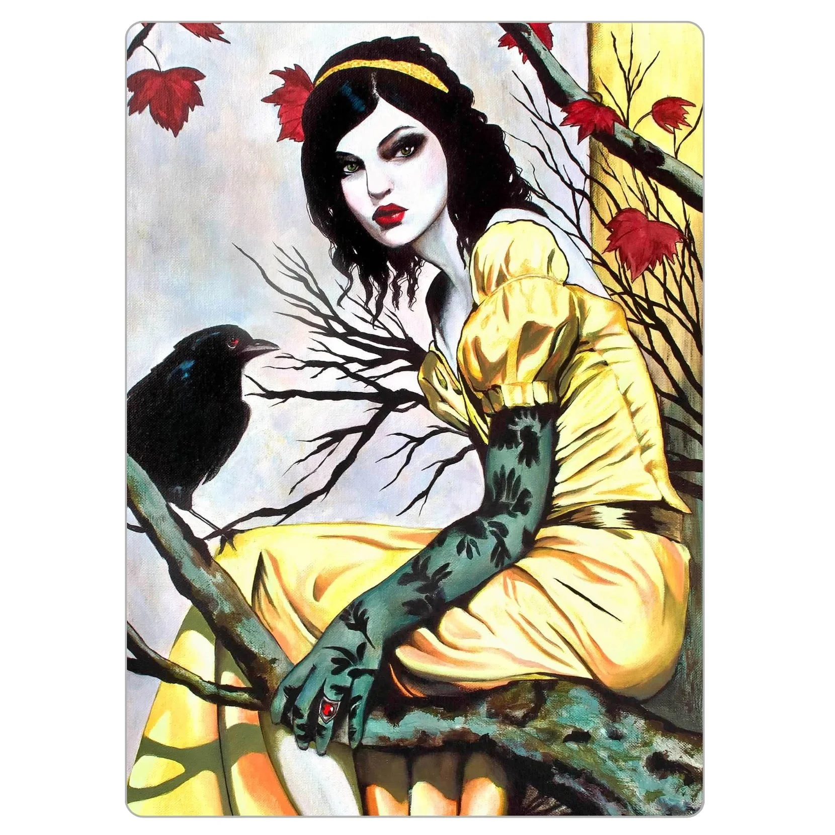 4x5.5 inch magnet of “One with Nature,” showing a woman whose hair, glove, and accessories blend seamlessly with a crow, bark, and leaves in a symbolic woodland setting.