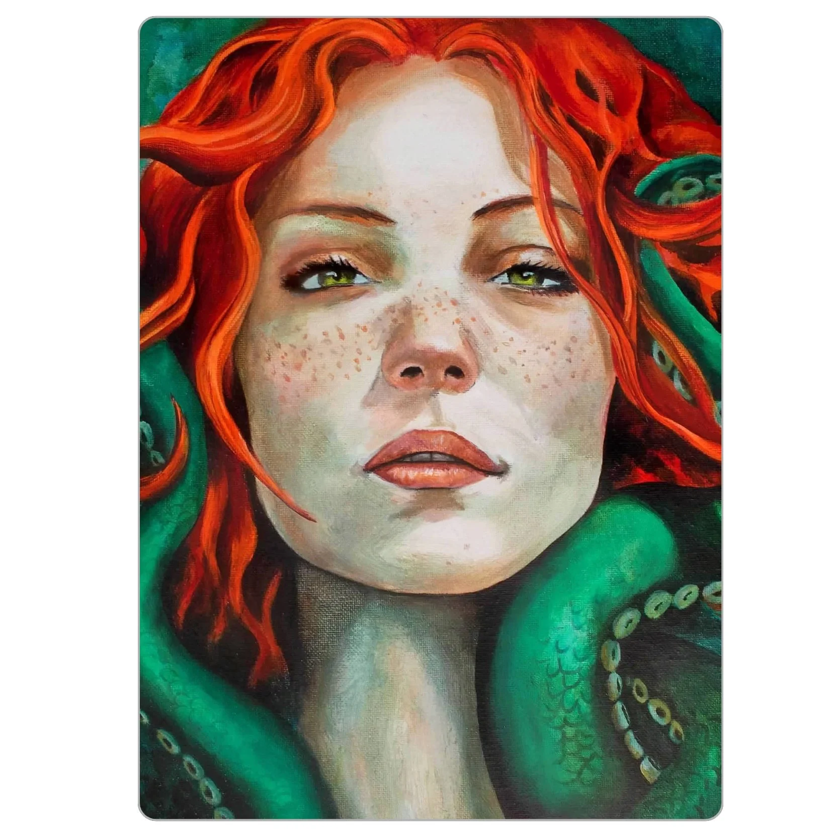 4x5.5 inch magnet of “Surfaced,” showing a serene, freckled woman emerging from the sea with calm intensity and a sunlit glow, tentacles wrapping around her.