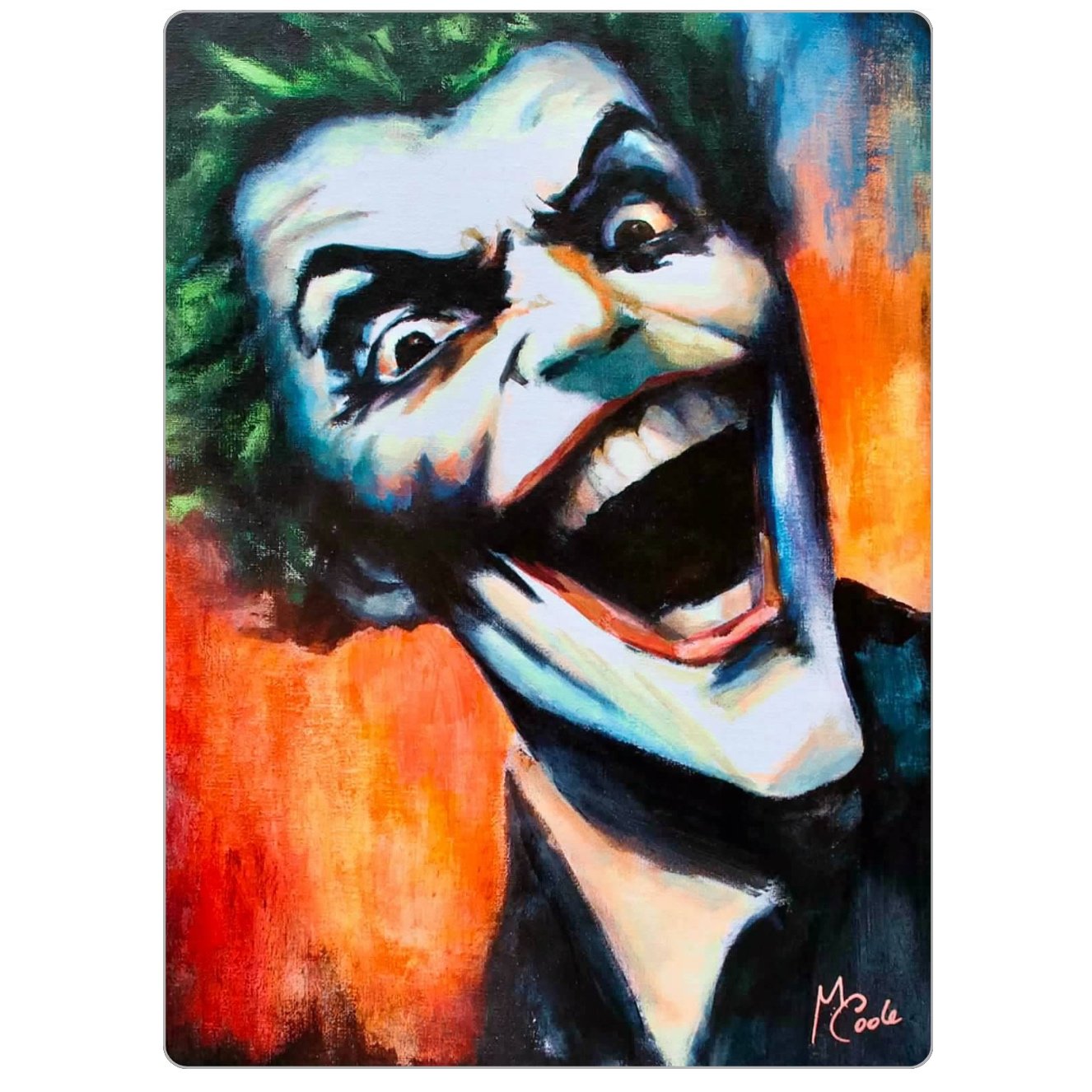 Chaotic close-up portrait of a character with wild green hair, wide eyes, and a manic smile, printed on a rectangular magnet with rounded corners