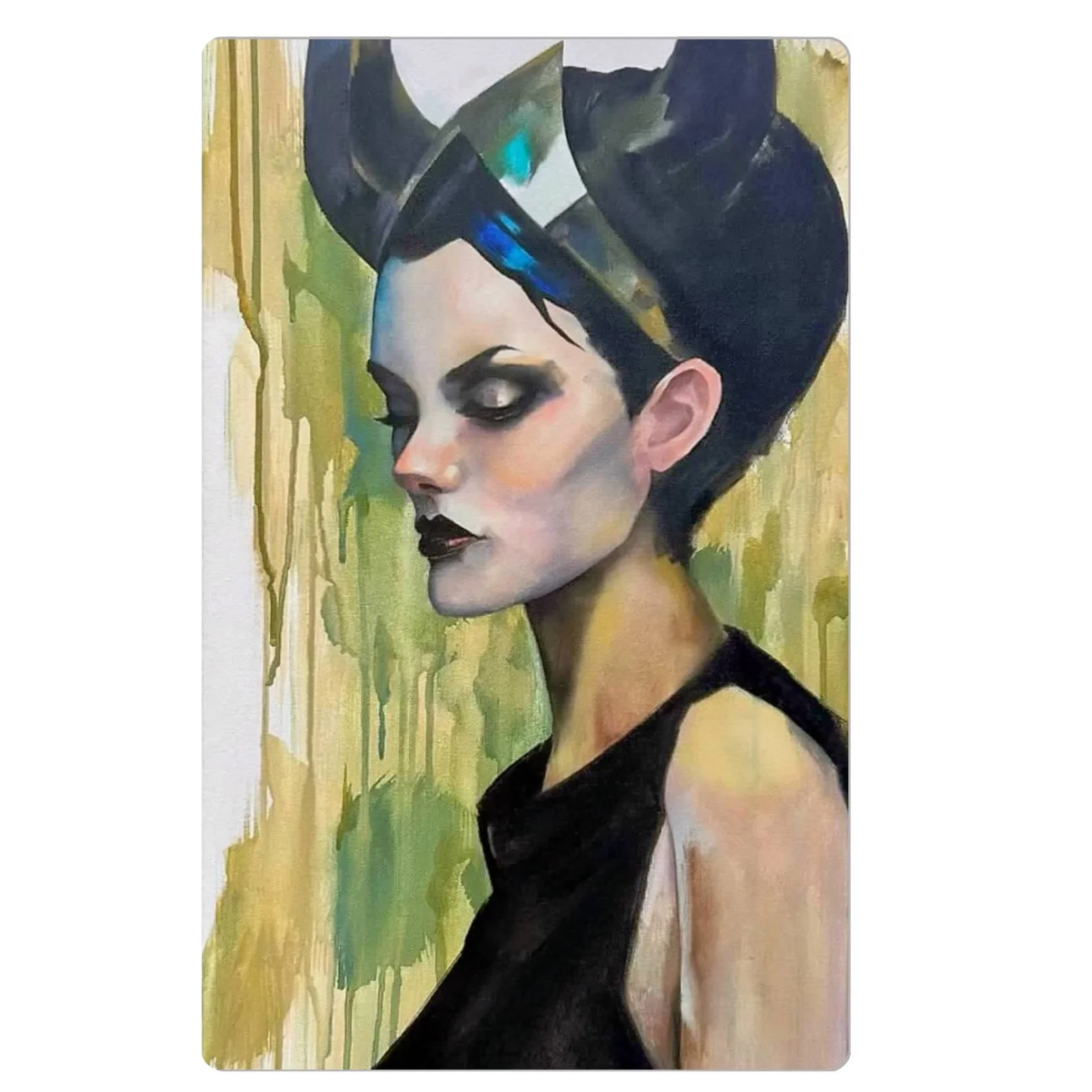 3.5x5.5 inch magnet of a dark-haired woman with black horns and downcast eyes, sitting in front of a red moon, evoking strength and sorrow.