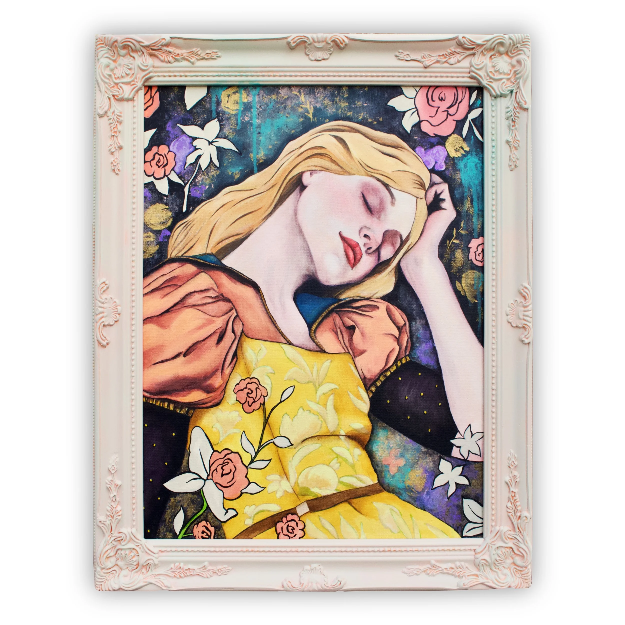 Framed 16x20 acrylic painting of a woman sleeping peacefully in a richly patterned dress, surrounded by dreamlike florals and wrapped in soft light.