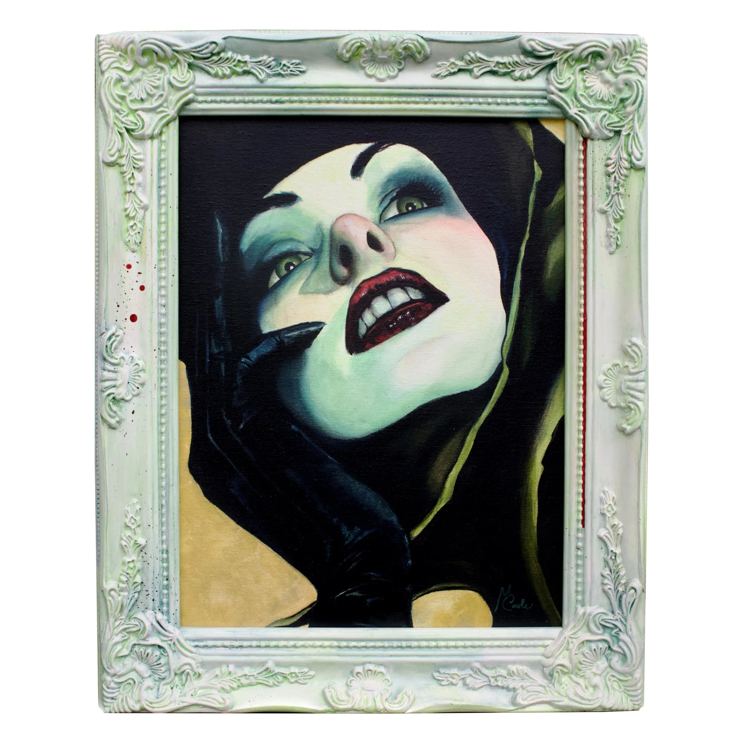 Framed painting of a pale-skinned woman in dramatic lighting, gazing upward with red lips and gloved hand on her chin. The ornate frame is pale green-white with baroque detailing.
