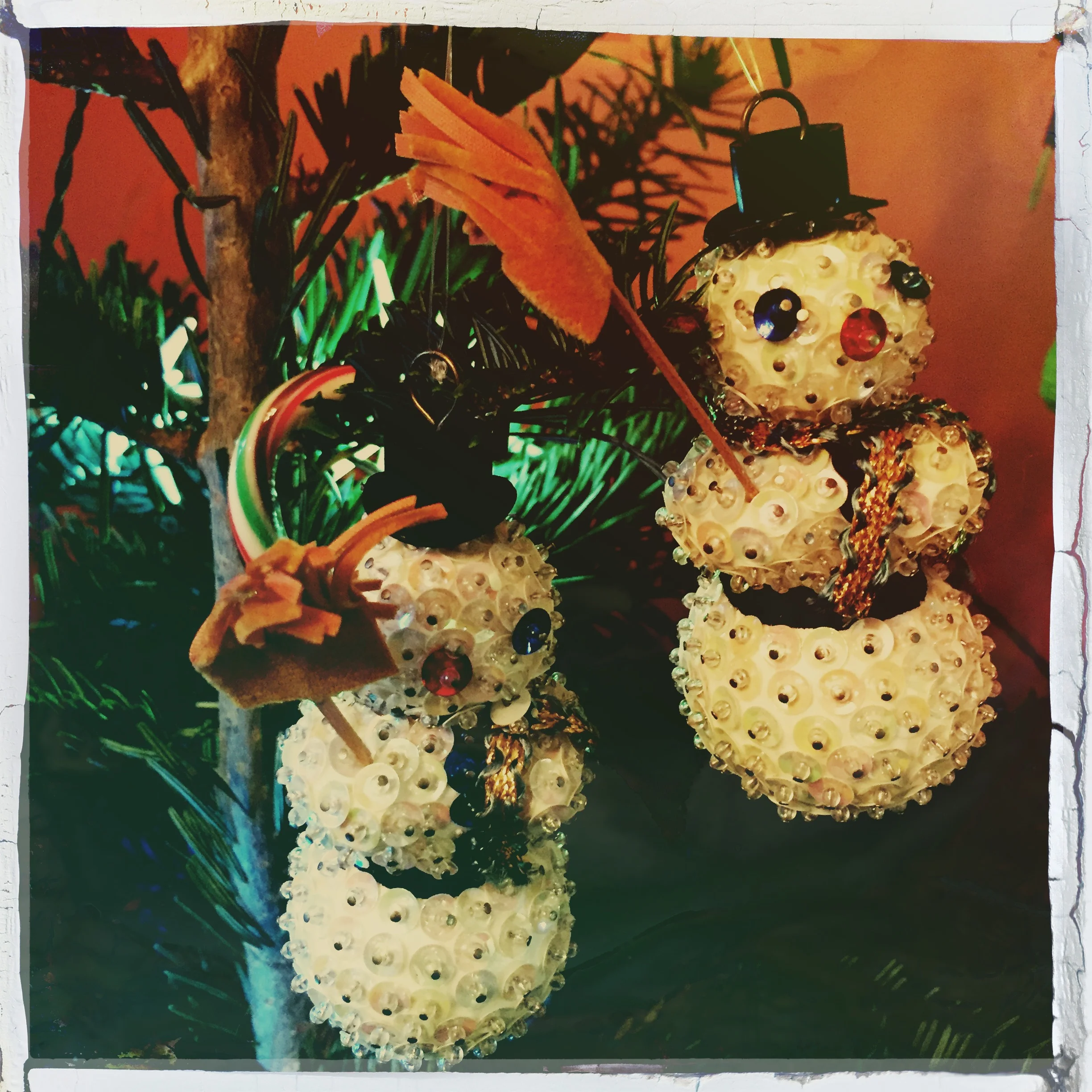 Sequin Snow Couple, circa 1970s, handmade by Jan's mom.