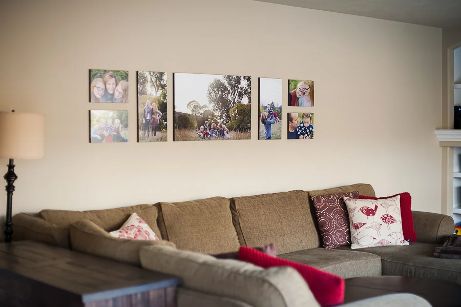 I hung everything a little higher than usual just so my toddler would have a harder time reaching them! Also, the next time around I think I would print even larger sizes since we have such a big wall to fill. I love the impact and the clean look without frames. I hope you are inspired to get your images OFF your computer and UP on your wall!