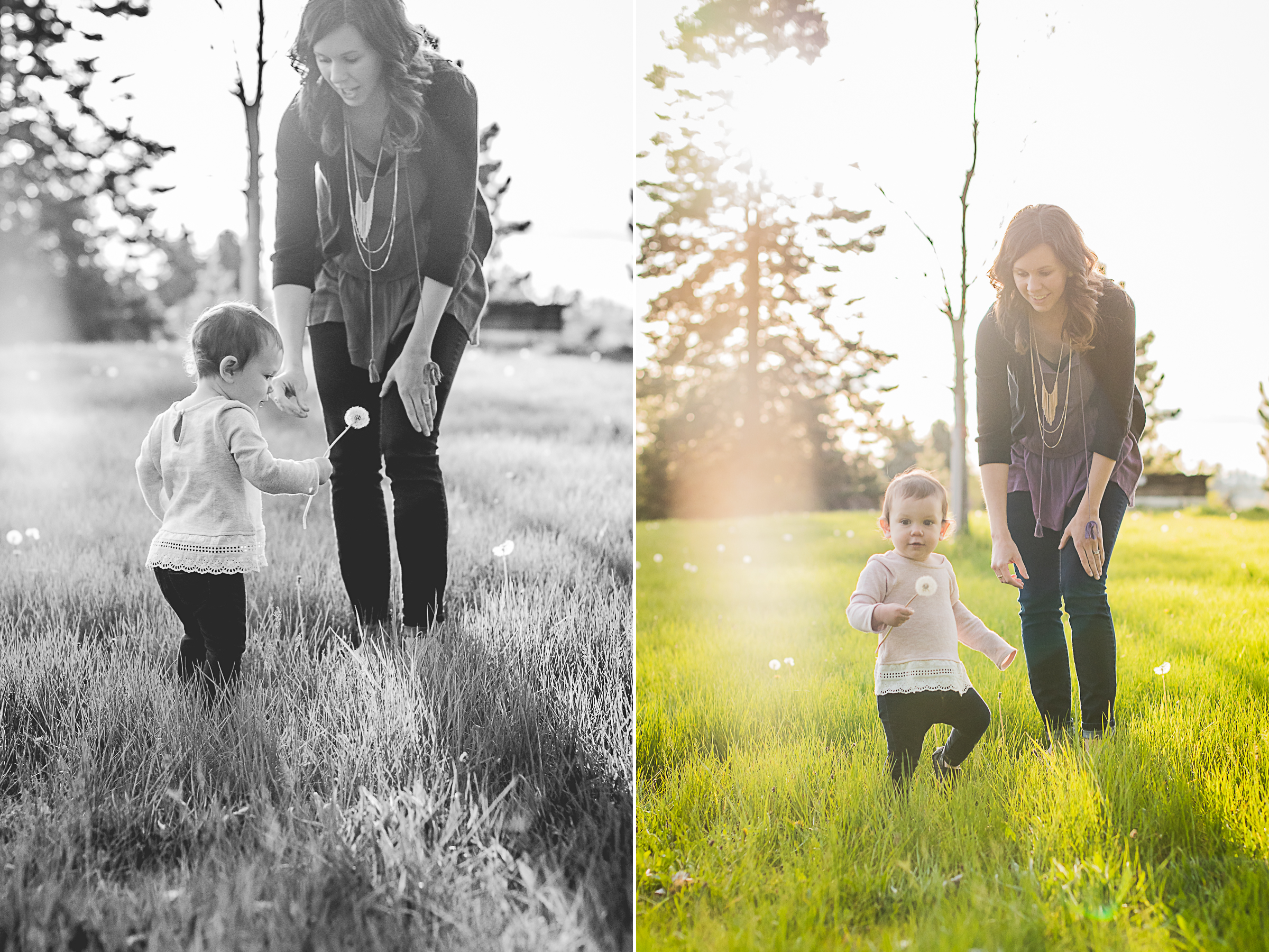 mother daughter, spring, dandelion field