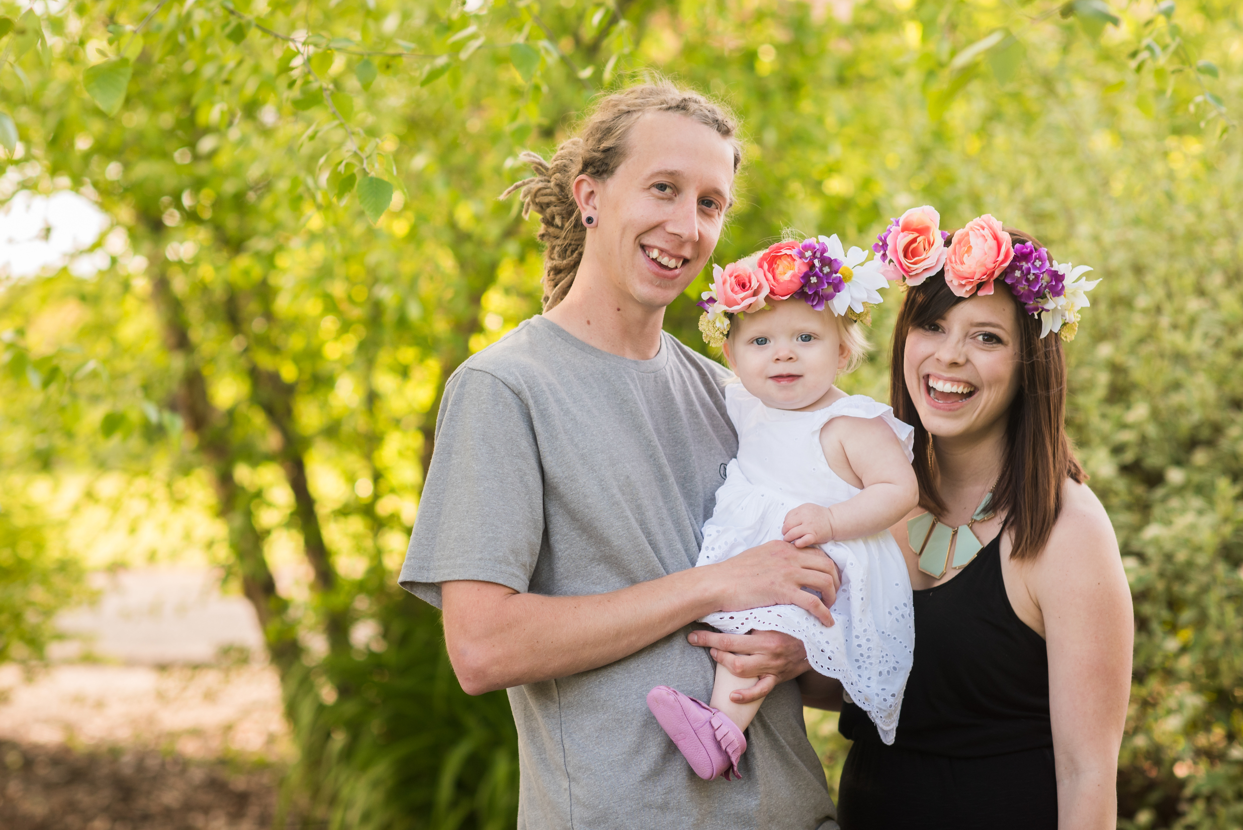 family, first birthday, floral crown