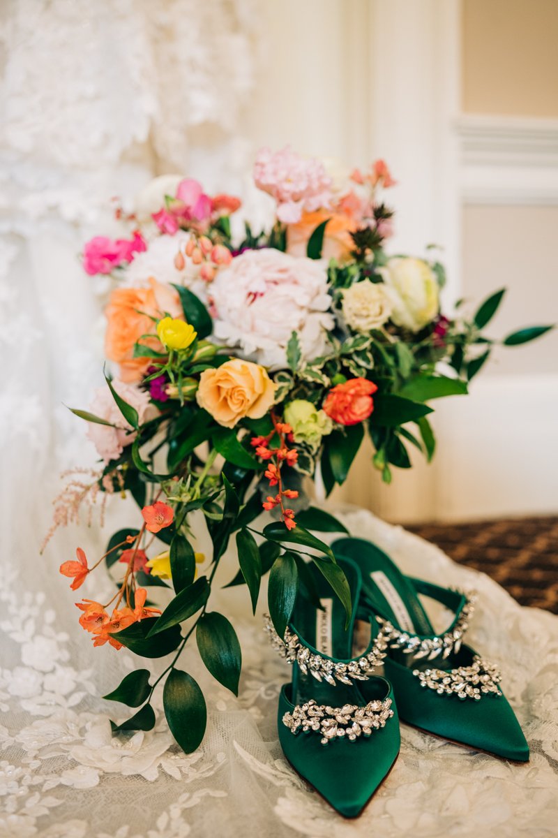 bridal shoes and bridal bouquet