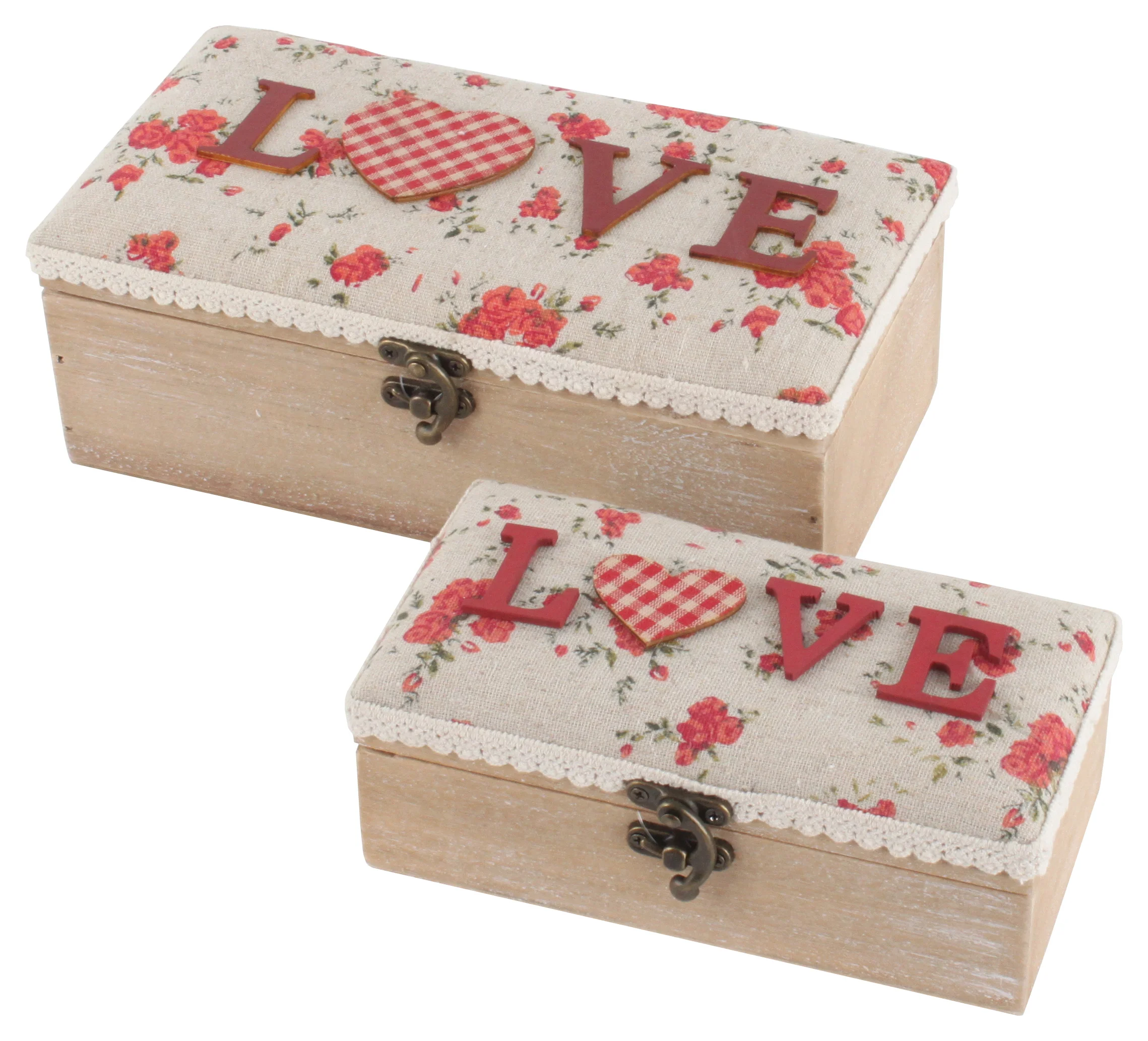 €33 S/2 WOODEN BOX W/ FABRIC DETAILS 'LOVE' 24X13X9