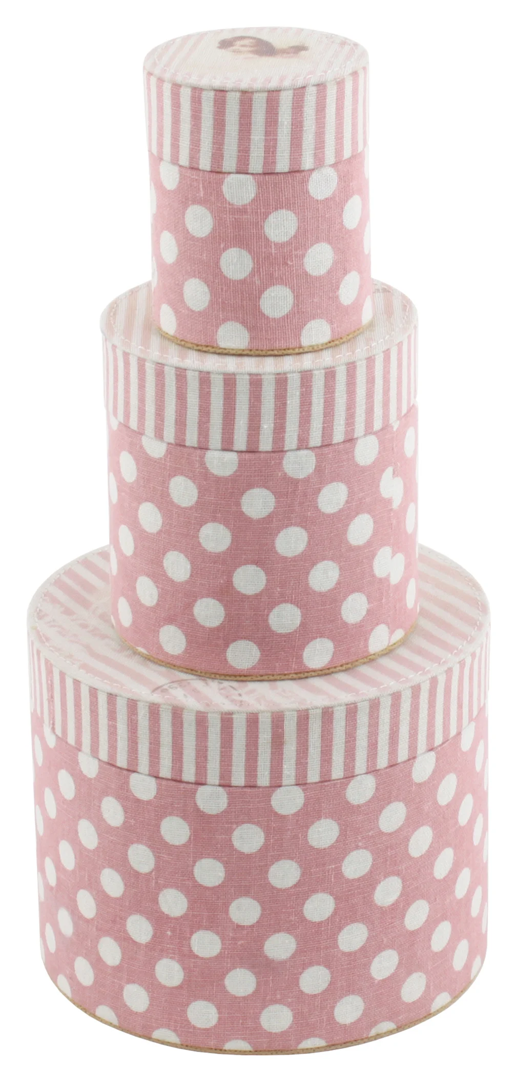 €27 S/3 FABRIC BOX W/PINK STRIPES AND DOTS 15x12.5 (10% cotton/10% linen/80% polyester)